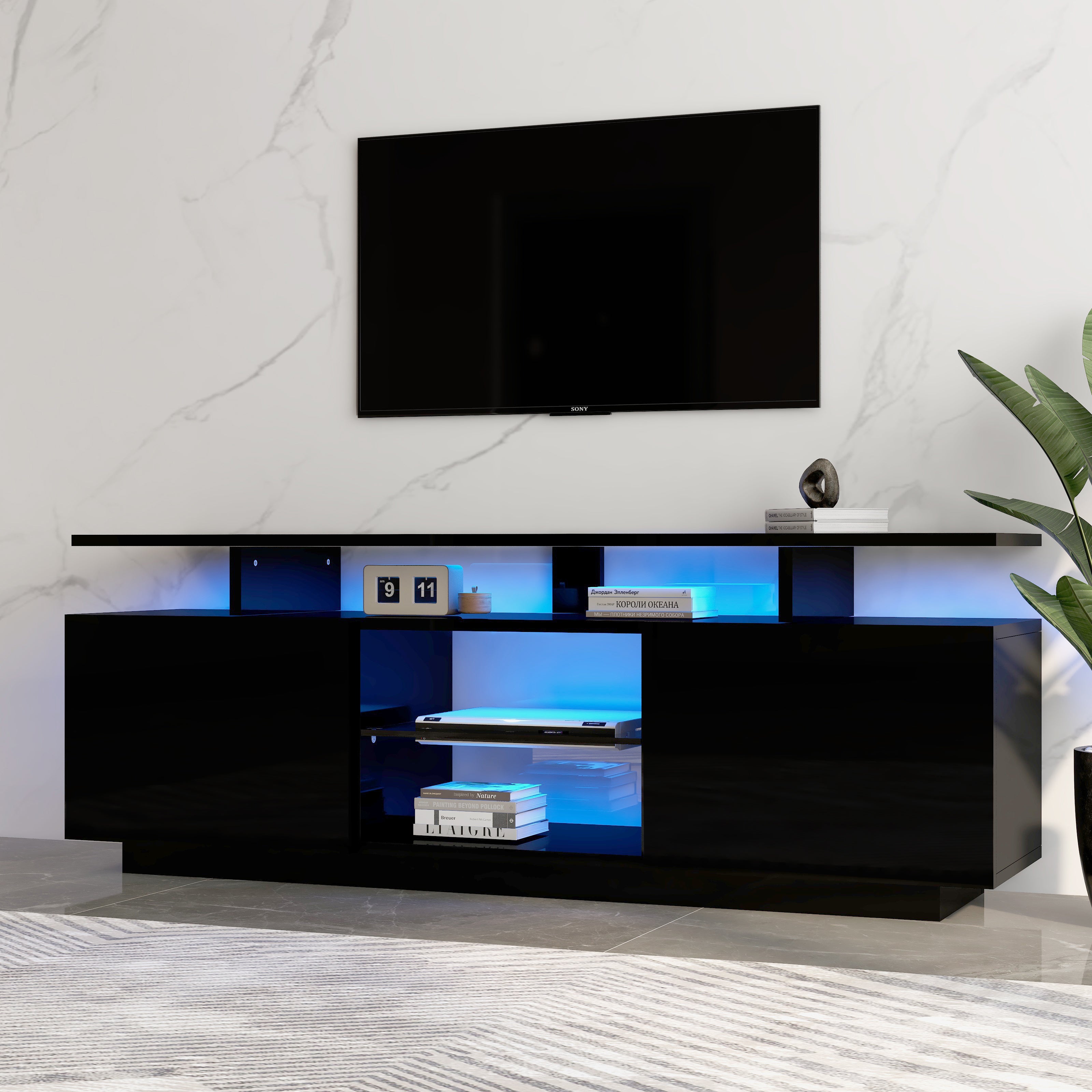 Szafka RTV z 2 drzwiami i półkami na telewizor 60" - 140 x 35 x 55 cm - Diody LED - Płyta wiórowa - Czarny połysk