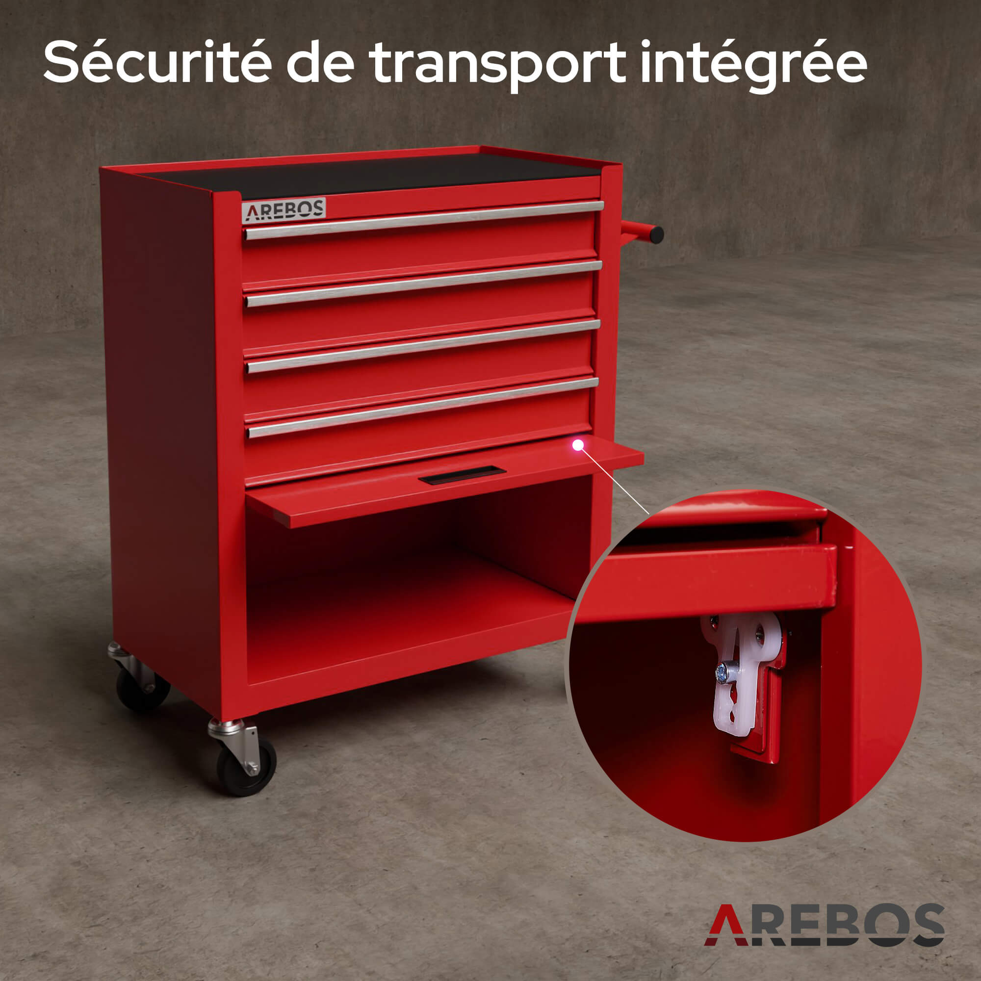 AREBOS Chariot d'Atelier Chariot à Outils 4 Tiroirs + Grand Compartiment 4 roulettes Construction Robuste Tapis antidérapants Rouge - 7