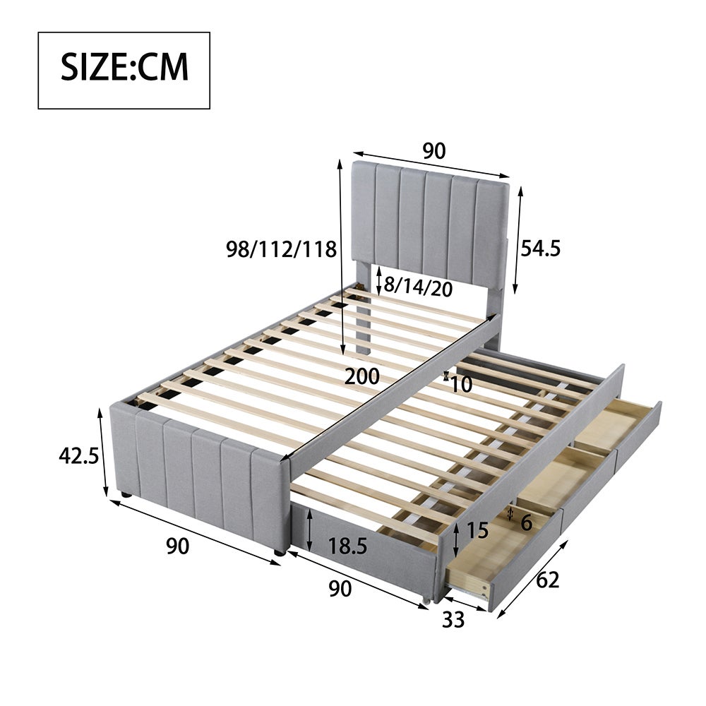 Lit simple 90 x 200 cm avec Lit gigogne 90 x 190 cm - 3 tiroirs - Tête de lit réglable - Tissu en lin - Gris - 4