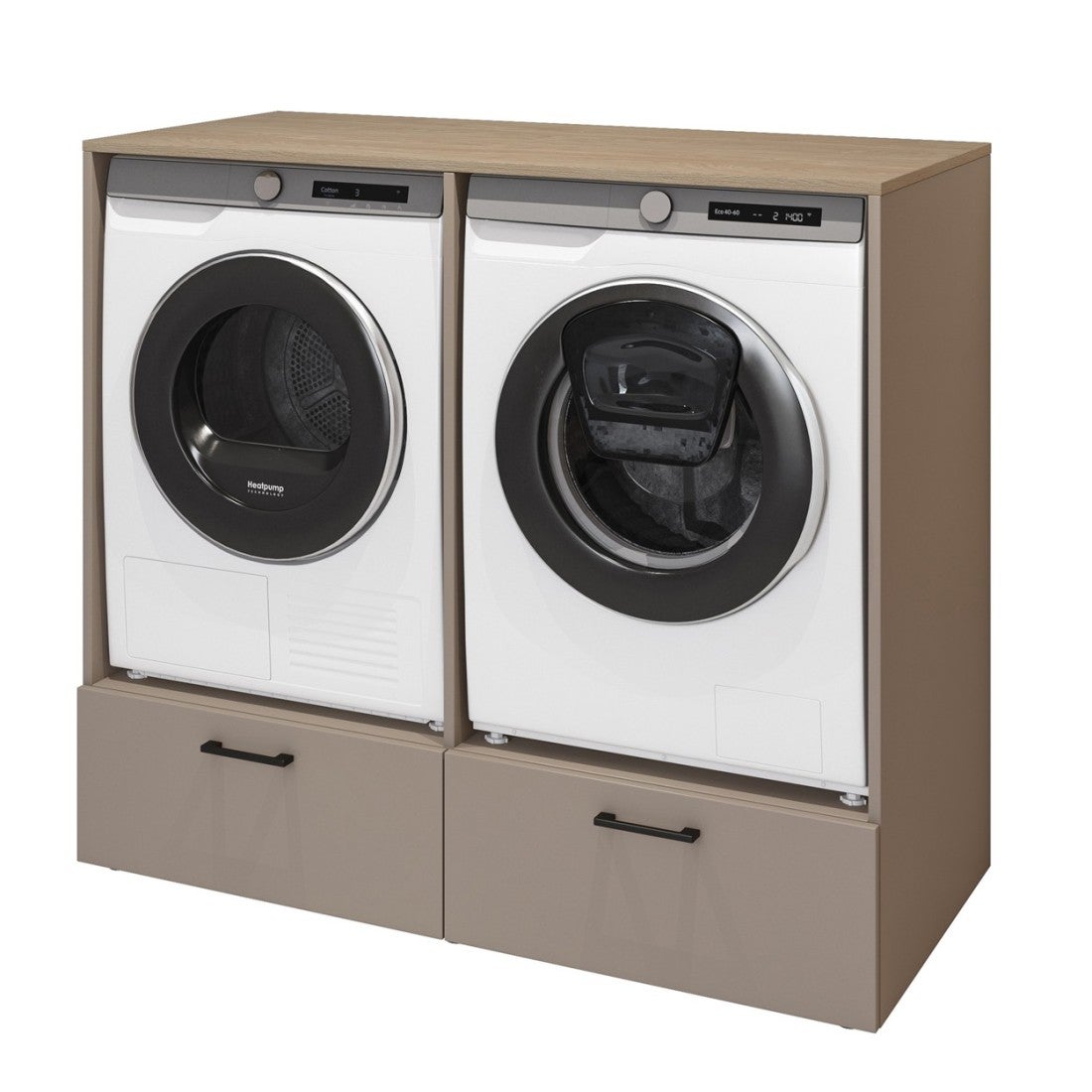 Mueble de almacenamiento para lavadora y secadora colección WASHING – 2 cajones – Topo y roble - 2