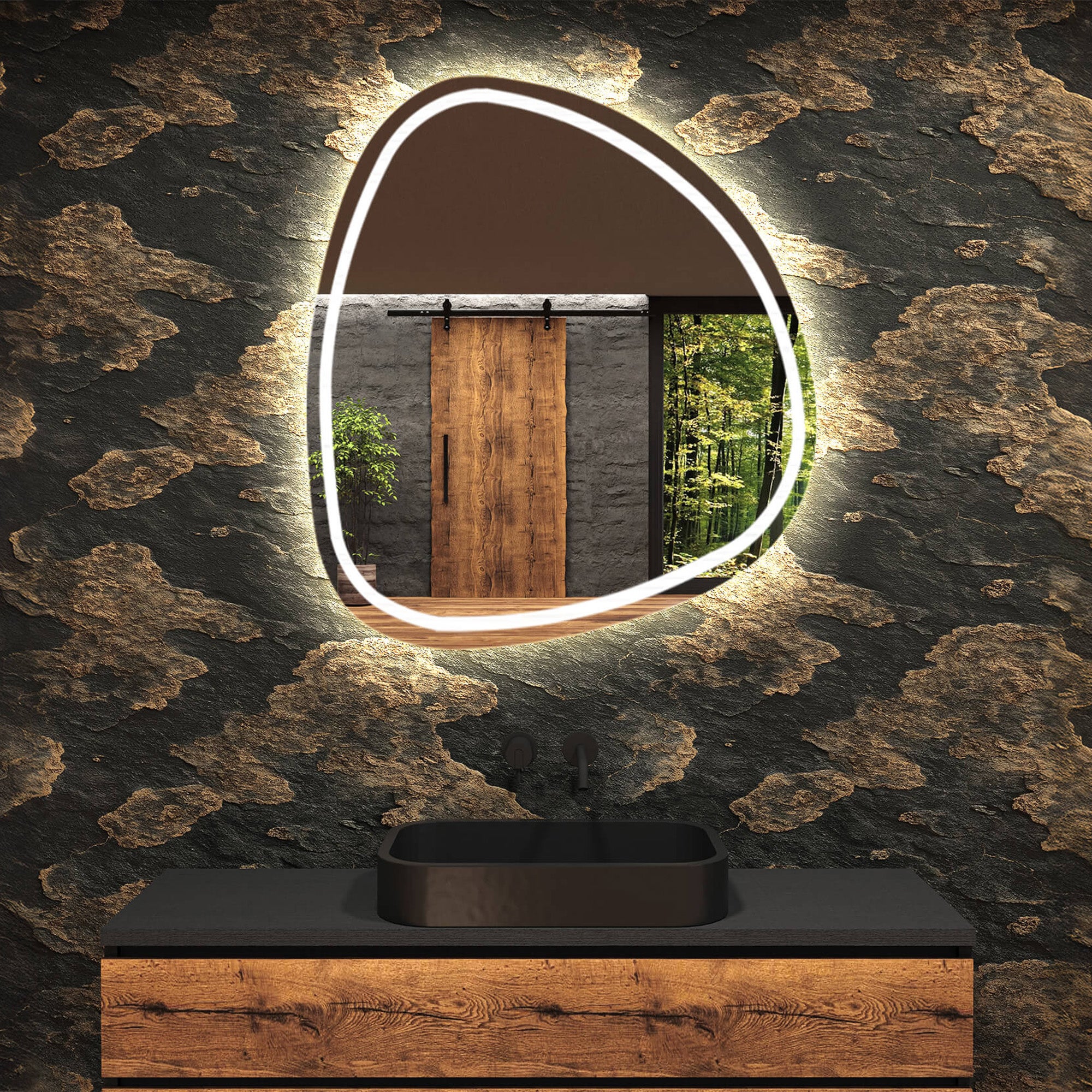 Lustro łazienkowe LED - Lustro asymetryczne 54x54cm - Chłodne białe oświetlenie 7000K - (EGG223)