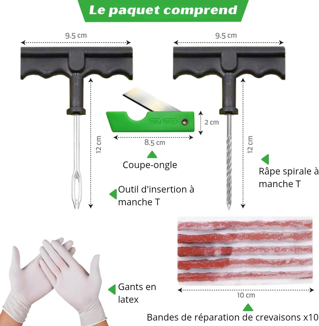 Meche Pneu Crevaison - Kit Reparation Pneu Voiture - Répare en 15 Minutes - Inclut 10 Mèches,1 Outil T spiralé,1 Insert d'outil en T,2 Gants et 1 Cu - 3