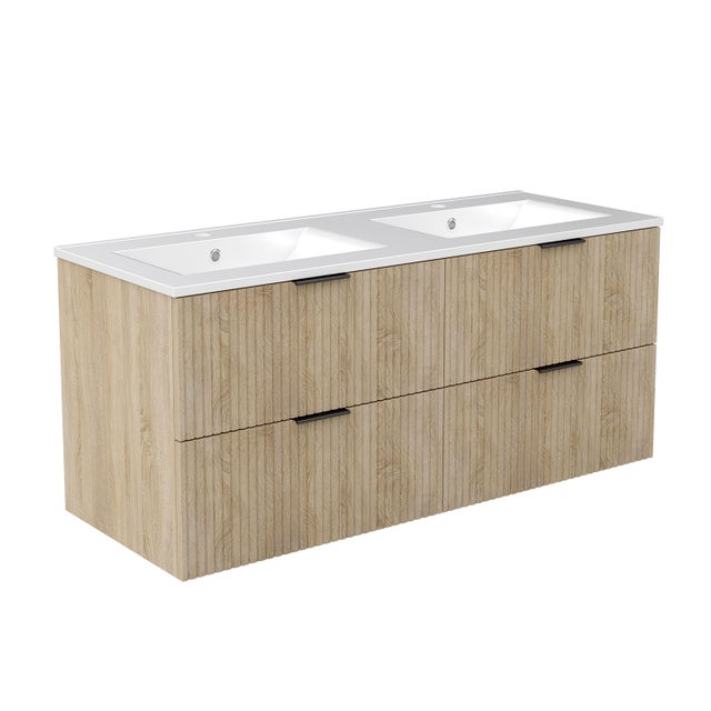 Meubles Salle de Bain 120cm avec double vasque céramique - 4 tiroirs meuble Chêne Wotan