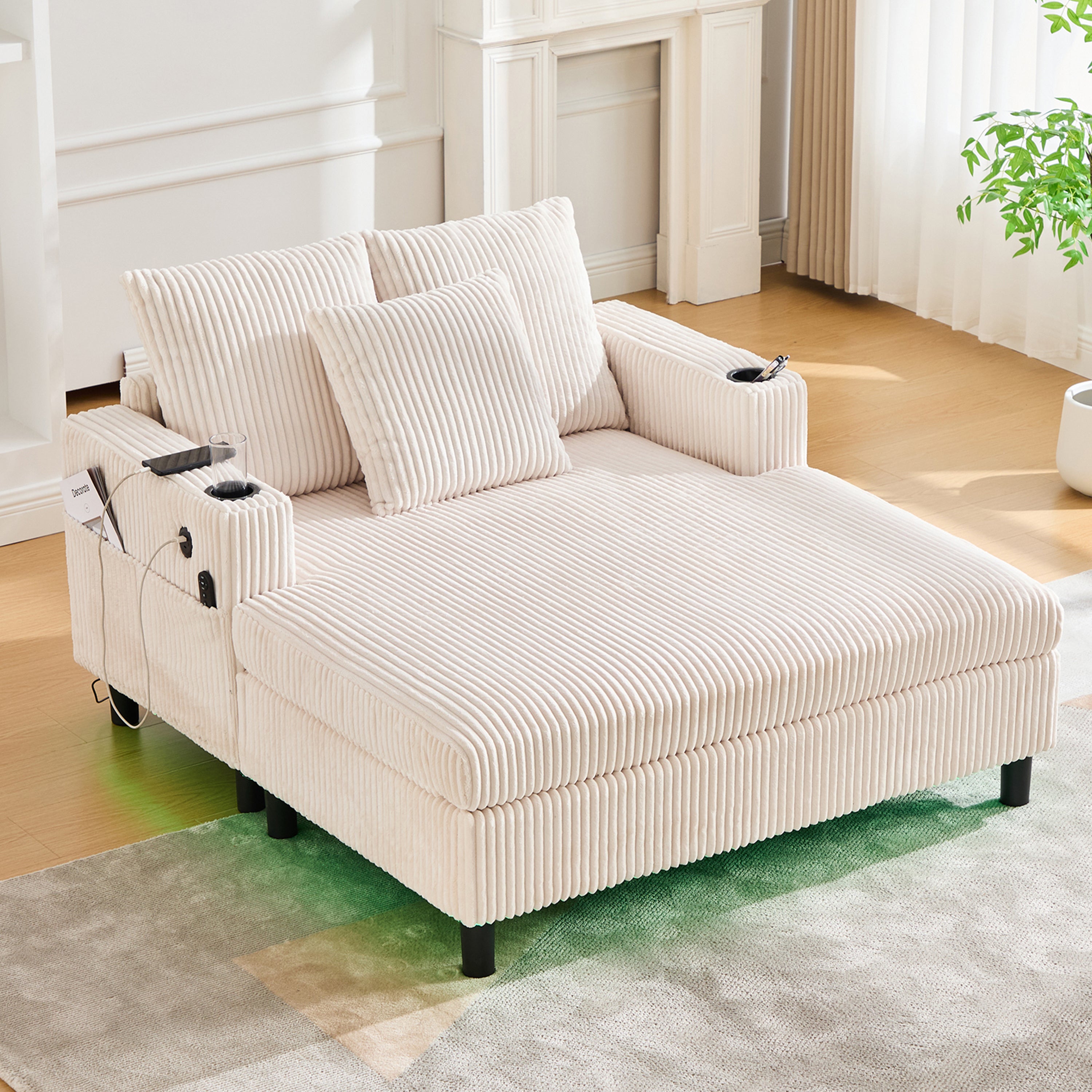 Sofa 2-osobowa, leżanka z poduszkami - 128 x 142 x 85 cm - Diody LED i gniazda USB - Aksamit i metalowe nogi - Beż