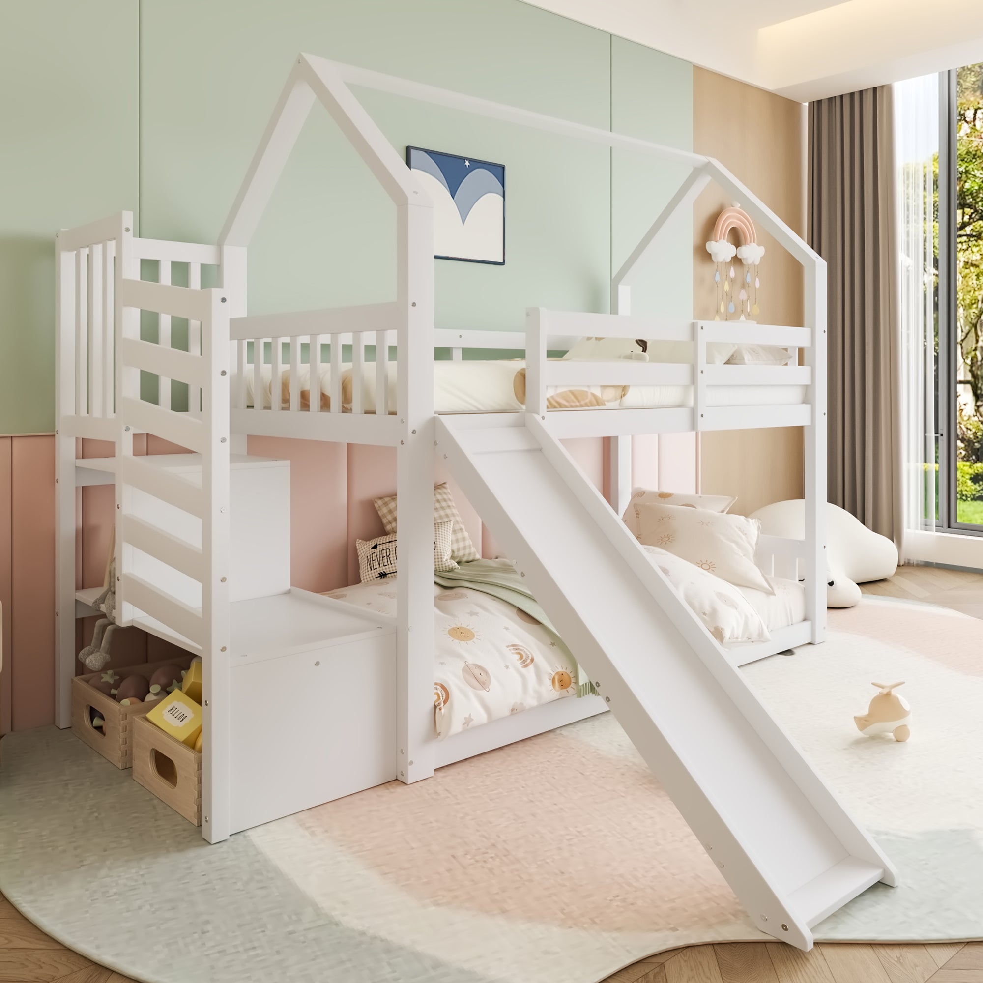 Lit superposé avec escalier de rangement et toboggan, lit d'enfant avec barrières, 90x200cm, blanc - 2