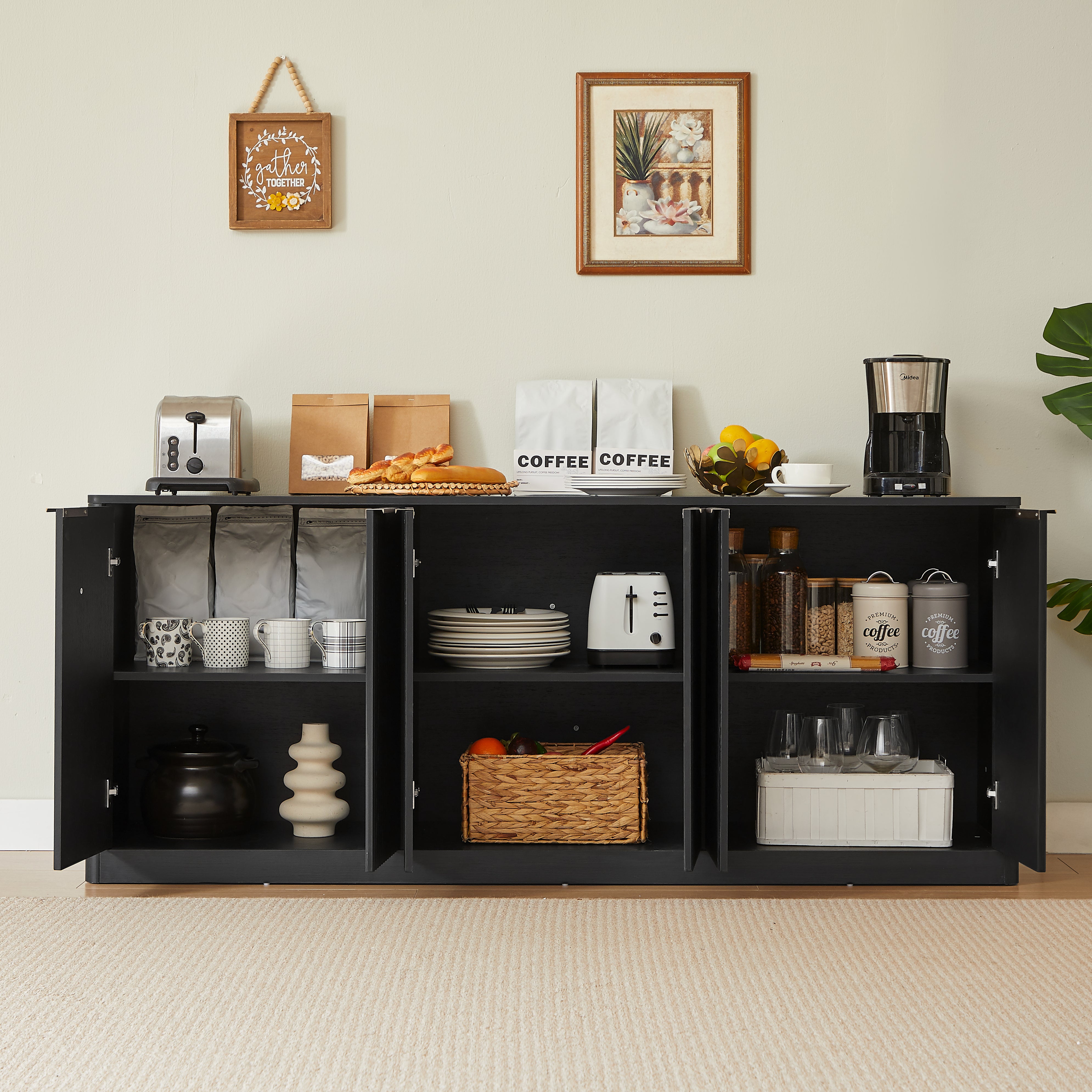 Aparador moderno, 170 cm de largo, forma ondulada, mueble de almacenaje curvo, 6 puertas, ideal para la cocina, negro, 170 x 40 x 70,5 cm