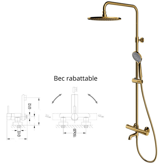 Colonne de douche et bain thermostatique doré ,bec orientable