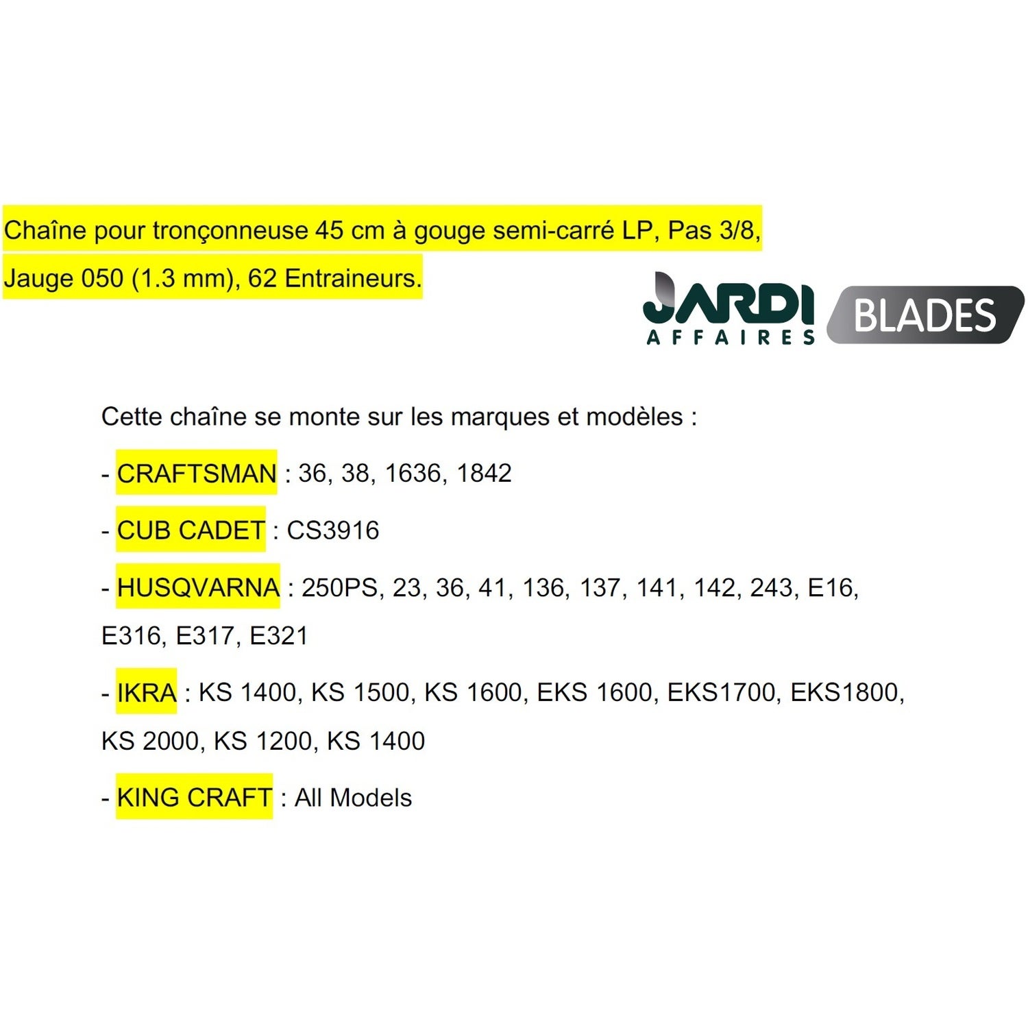 Chaîne pour tronçonneuse 3/8LP, 050, 62 entraineurs correspondance Oregon 91PX062E - 2