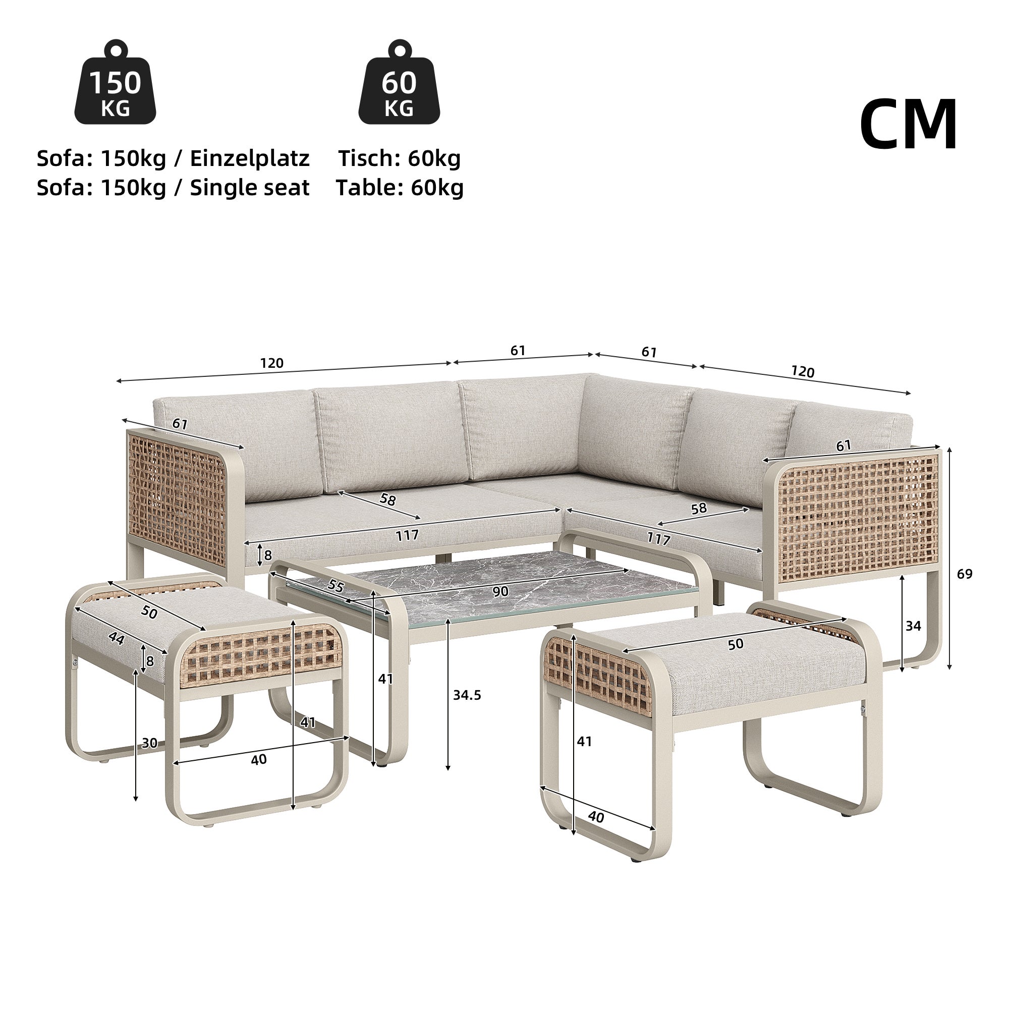Salon de jardin d'extérieur en rotin PE pour 6-7 personnes, Canapé d'angle avec Coussins et Table Basse - acier galvanisé - Pieds Réglables, beige - 3