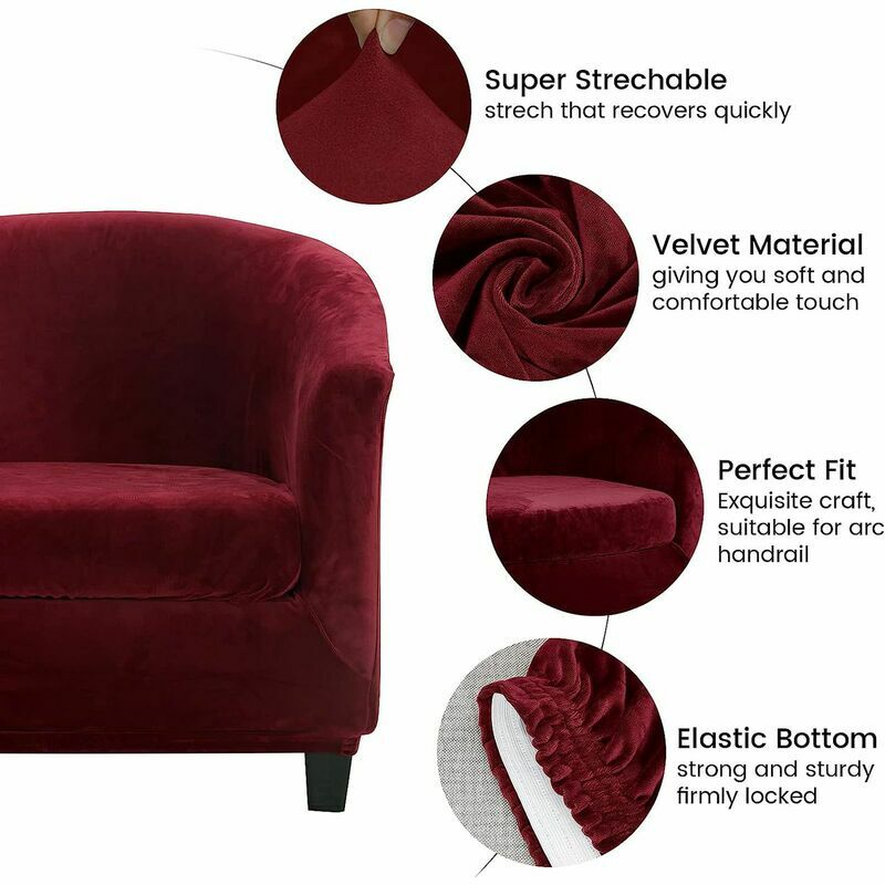 Velours Housse de Fauteuil Club Ensemble de Deux Pièces Extensible Salon Cabriolet Tub Chair avec Housse de Coussin (Vin Rouge) - 3