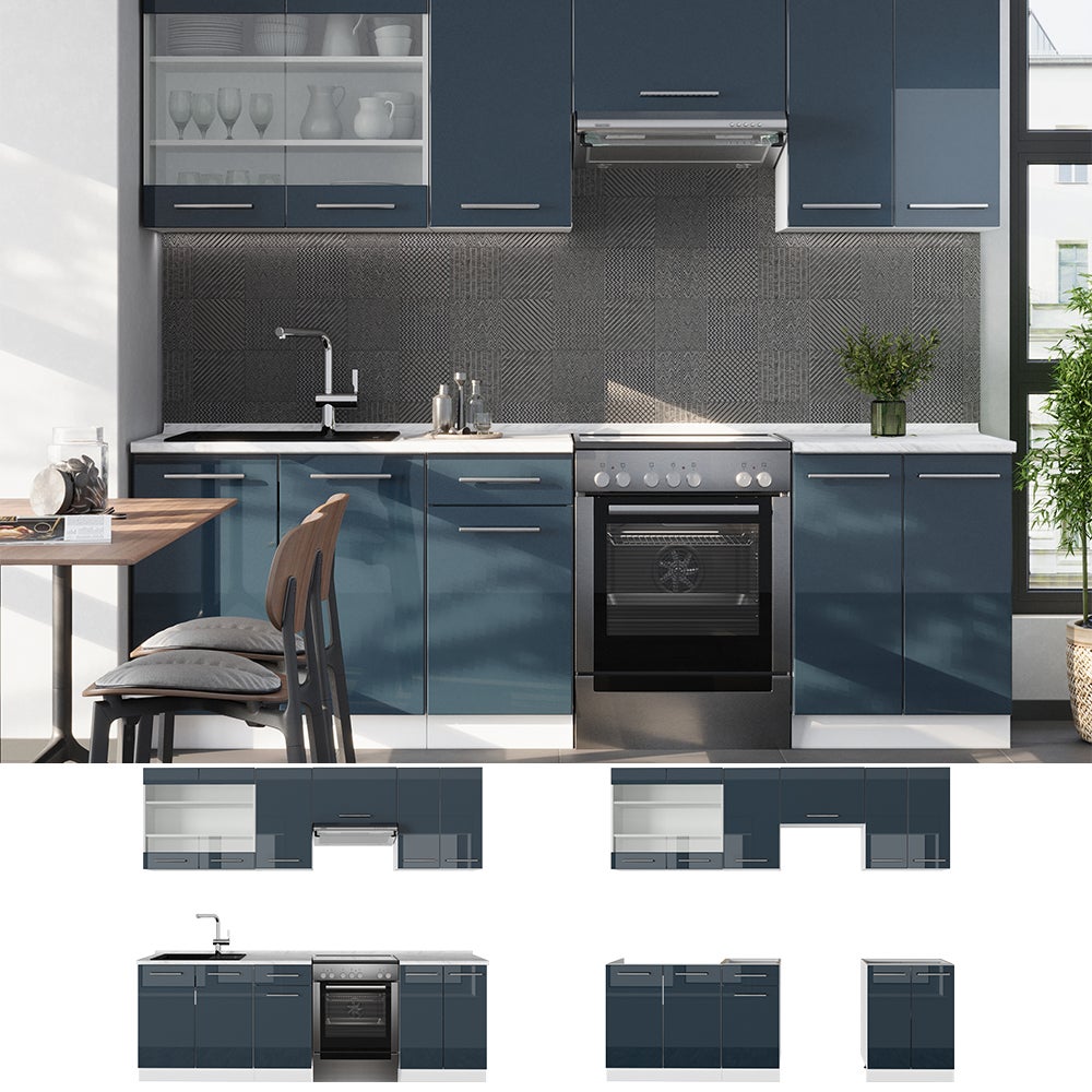 Vicco ligne de cuisine Fame-Line, bleu foncé brillant/blanc, 240cm sans PT - 5