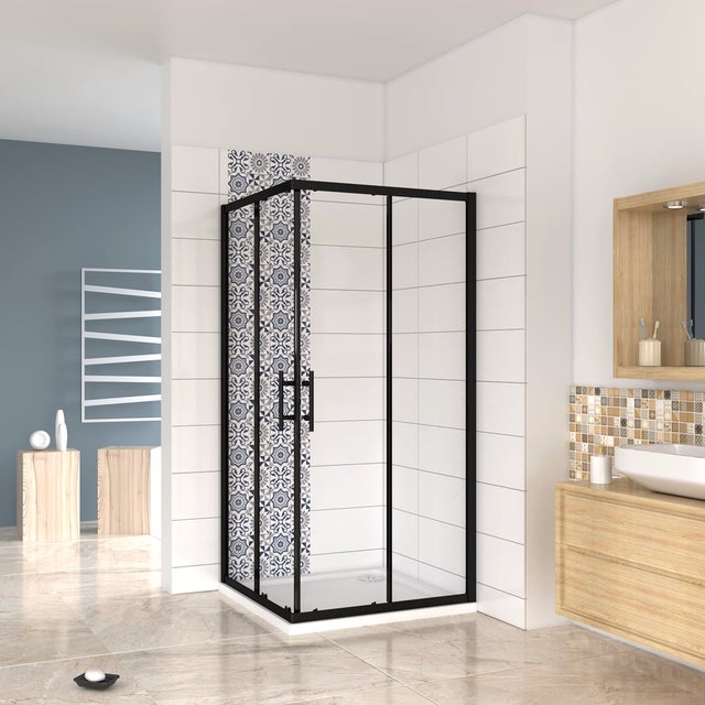 190cm Box Doccia Angoalre Porte Scorrevoli Vetro Temperato 6 mm Trasparente Anticalcare Telaio Nero Opcao 80x80cm
