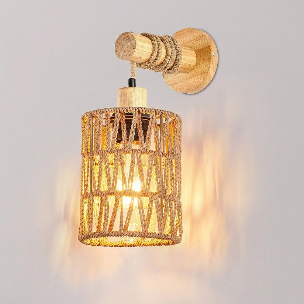 Kinkiet Rattanowy Boho – Lampa Ścienna Drewniana E27 z Żarówką LED abażur w stylu vintage regulowana lampa ścienna do Sypialni i Salonu