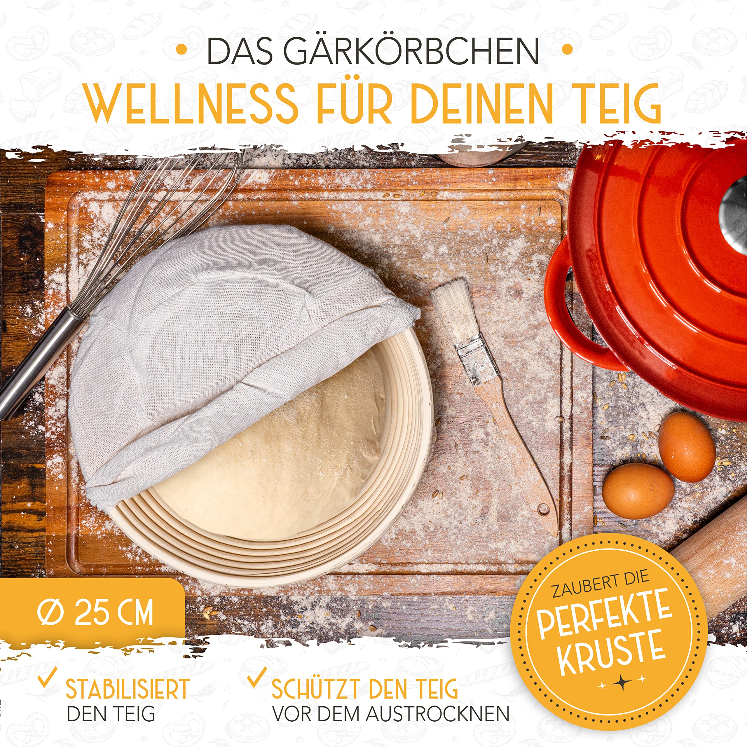 KRUSTENZAUBER Pentola in Ghisa Con Cestino per Lievitazione - Smaltata di Alta Qualità 26 cm - Ideale per Cuocere il Pane e Accessori da Forno - 3