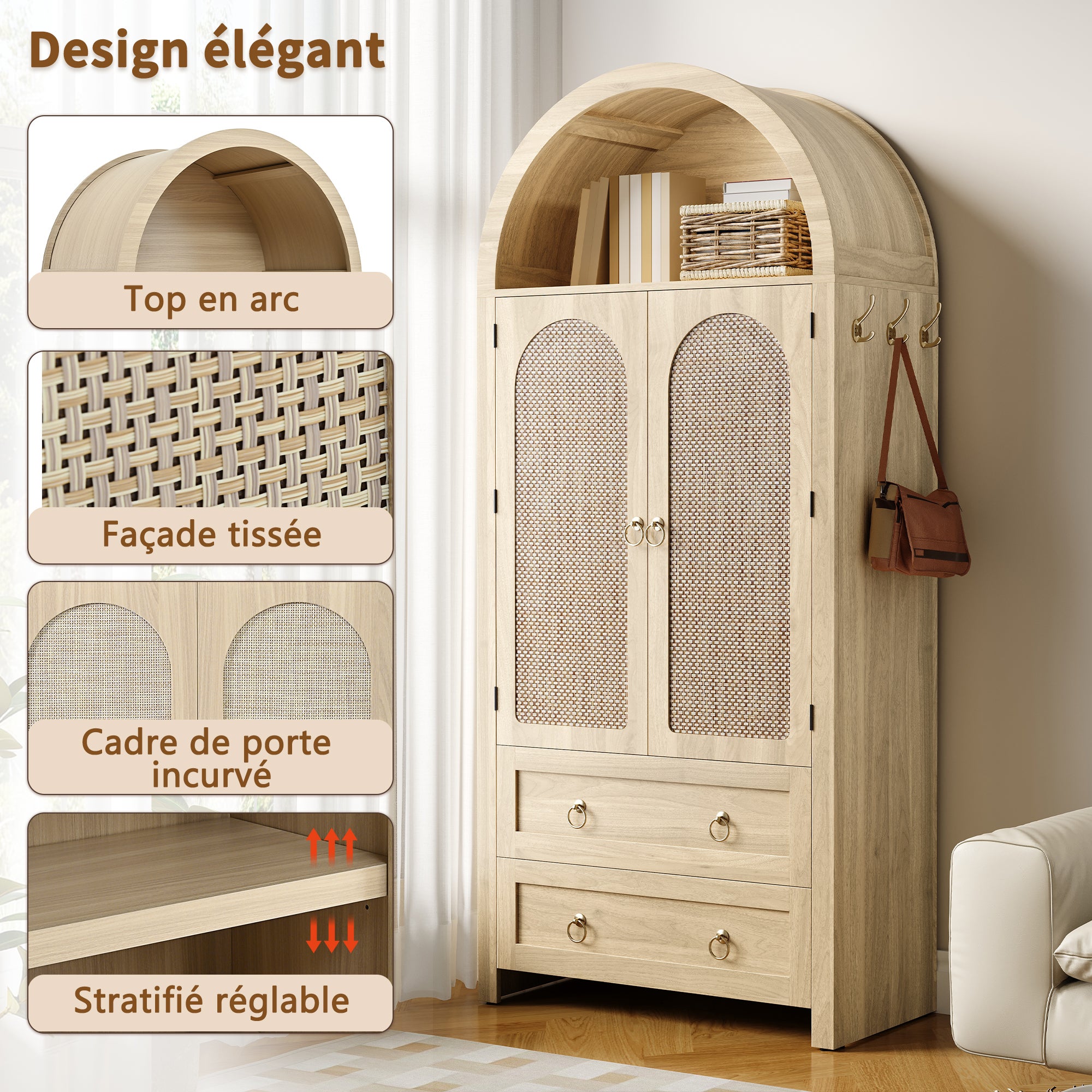LEMONBEST Meuble de rangement décoratif en osier style voûté - Buffet vintage à 2 tiroirs pour séjour/chambre - 80x40x180cm - couleur bois naturel - 6