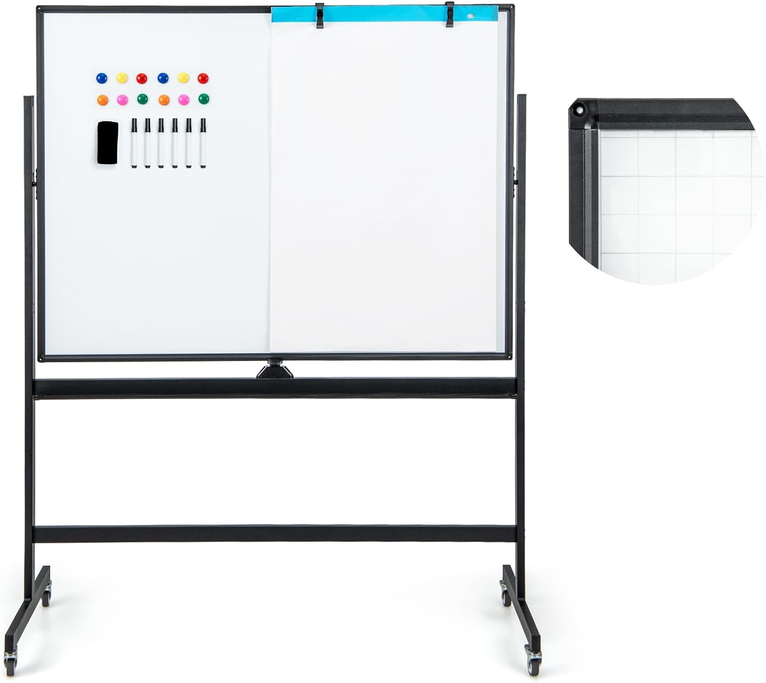 Tablica Biała 90 x 120 cm, o Regulowanej Wysokości, Dwustronna, Obrotowa o 360°, z 4 Kółkami Uniwersalnymi (Czarna)