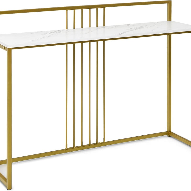 Stolik Konsolowy z Marmuru w Kolorze Złotym, Marmurowym Wykończeniem i Metalową Konstrukcją, Nowoczesny Skandynawski Design, 120 x 32,5 x 88 cm