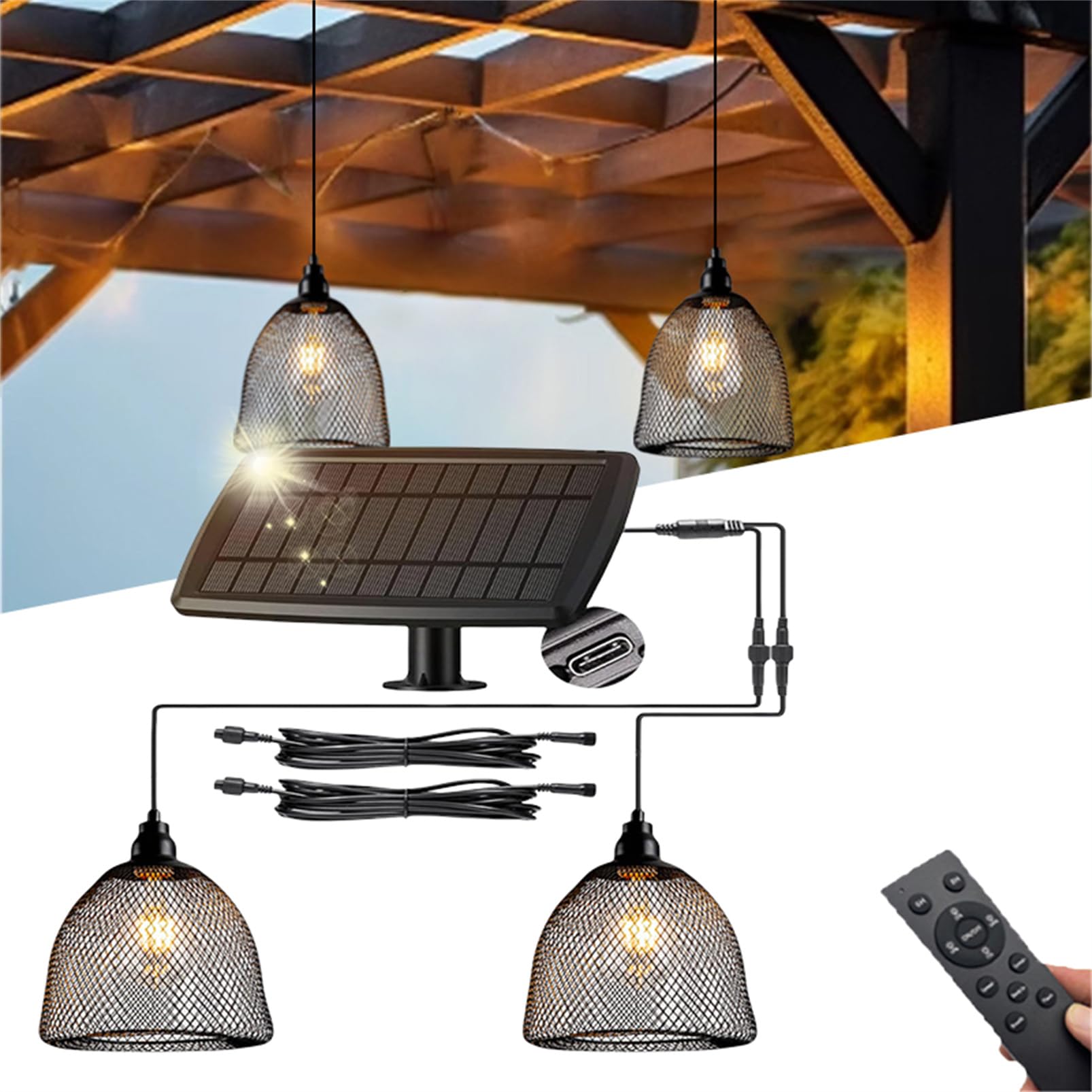 Zewnętrzny żyrandol solarny z pilotem, żyrandol do altany zewnętrznej, wodoodporny IP44, timer, ciepłe białe światło 2700K, odpowiedni do altany