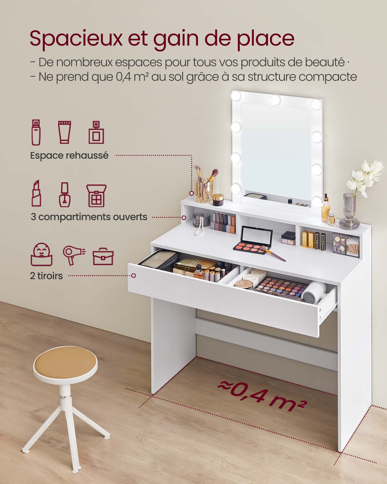 Coiffeuse, Miroir avec LED à Luminosité Réglable, 2 Tiroirs et 3 Compartiments, 100 x 40 x 145 cm (L x P x H), Blanc - 3