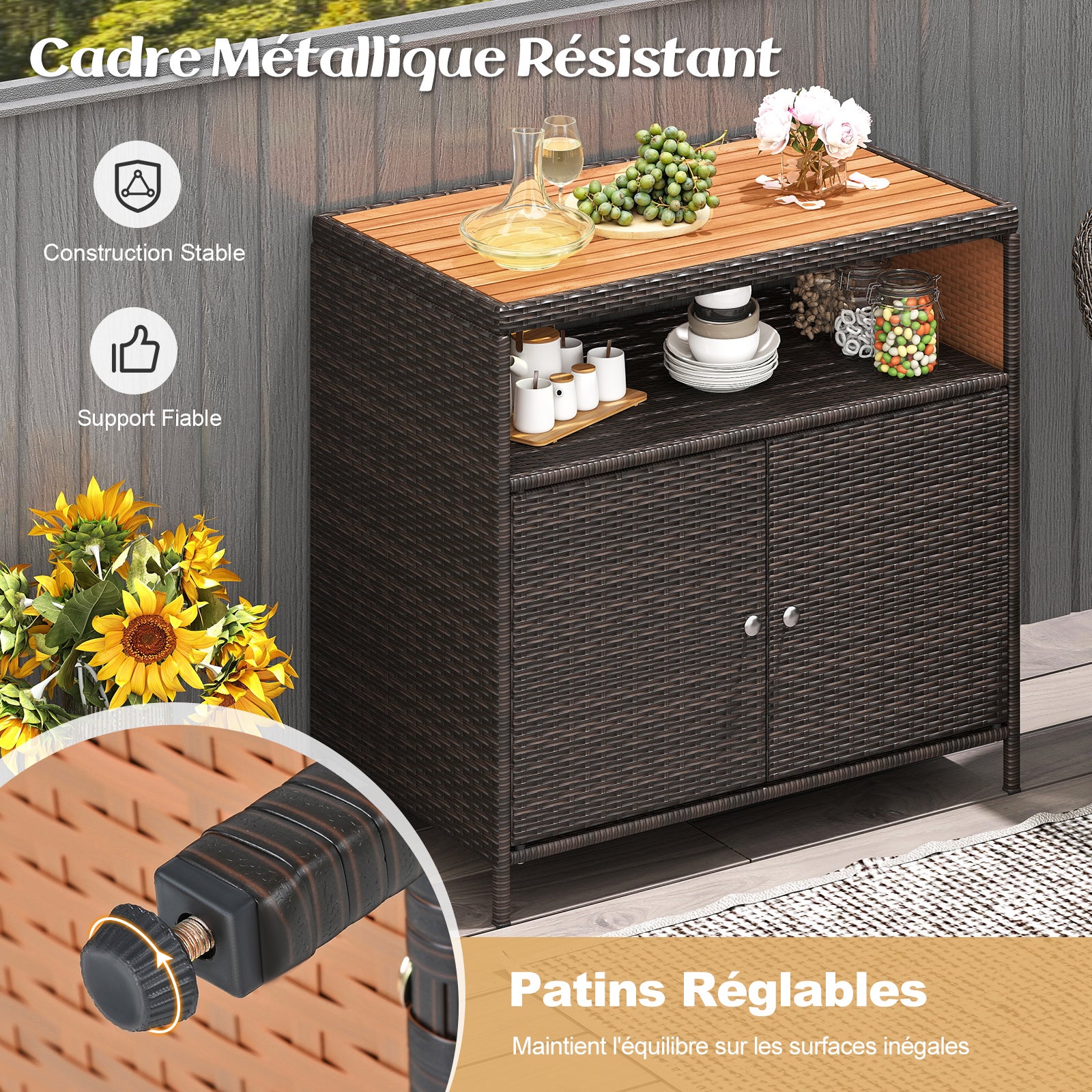 Armoire de Rangement Exterieur en Rotin, Armoire de Jardin avec Plateau en Bois d'Acacia Compartiment Ouvert Buffet à 2 Portes, Marron - 5