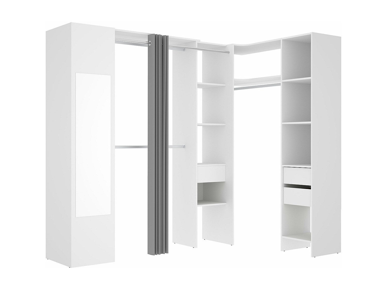 Dressing d'angle avec rideau et 1 porte - Avec miroir - L231 cm - Blanc et gris - BERTRAND - 2
