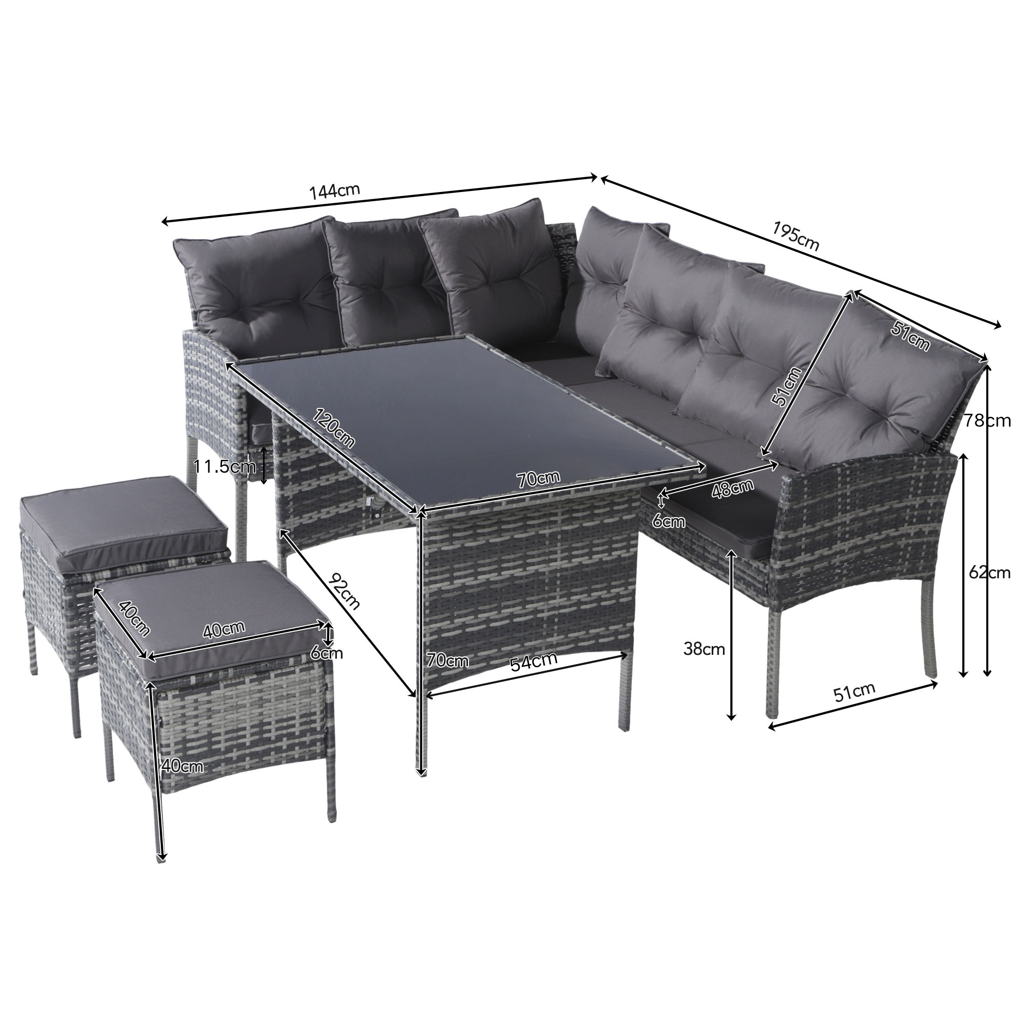 Salon de jardin en fer forgé pour 7 personnes, canapé de jardin modulable tressé, mobilier pour balcon et terrasse, avec coussins gris - 7