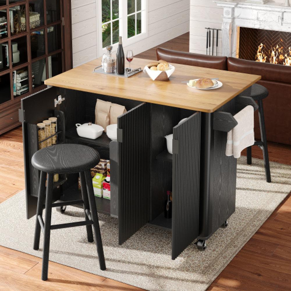 Leroy Merlin Isla de cocina móvil de madera, buffet 3 puertas, mesa extensible y almacenamiento multifuncional 