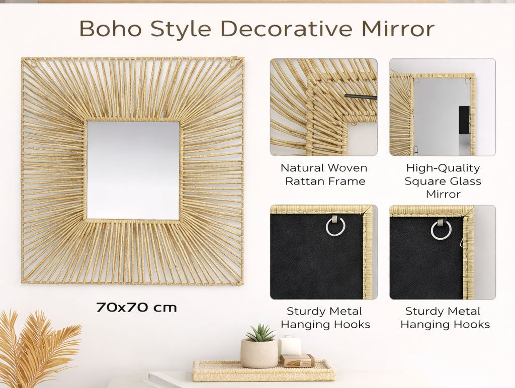 Espejo Decorativo Cuadrado de Ratán Natural 70 × 70 cm – Estilo Boho - 3