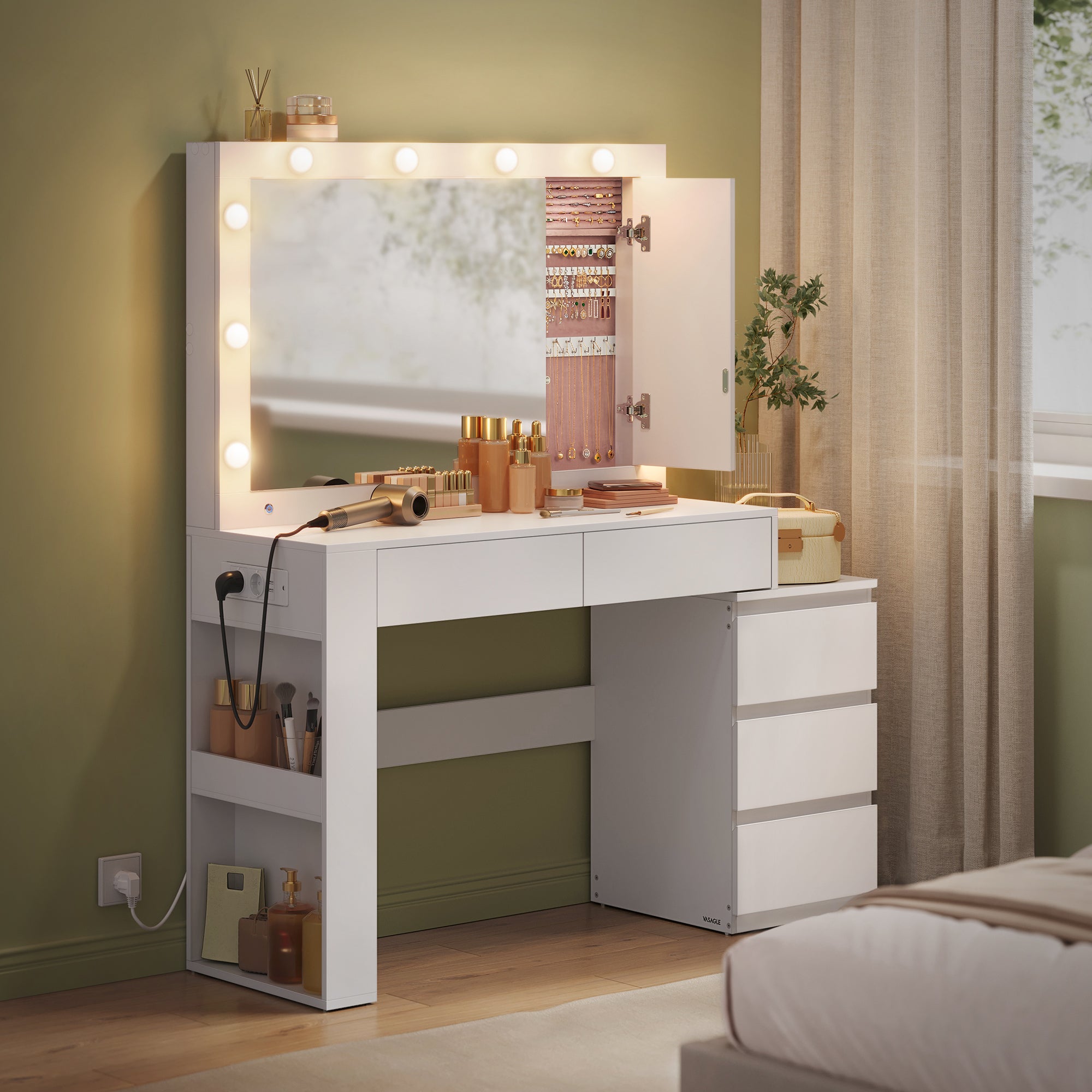 Coiffeuse, Table de Maquillage avec Tiroir, avec Éclairage LED et Miroir, Armoire à Bijoux, Multiprise, 40 x 125 x 140 cm, Blanc Nuage - 2