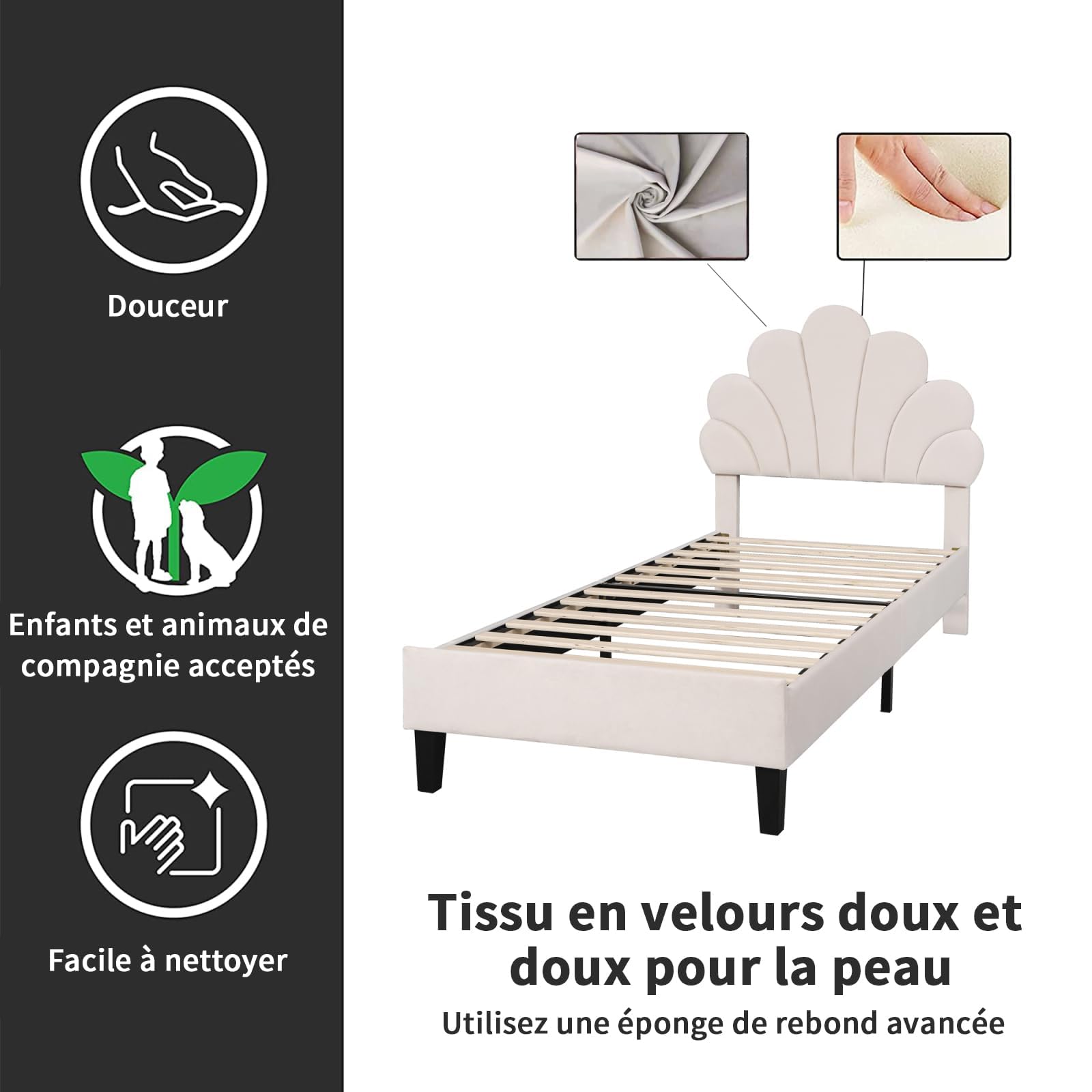 Cama individual 90x200 cm de terciopelo, cabecero en forma de flor, somier de láminas, cama infantil acolchada estilo escandinavo beige - 7