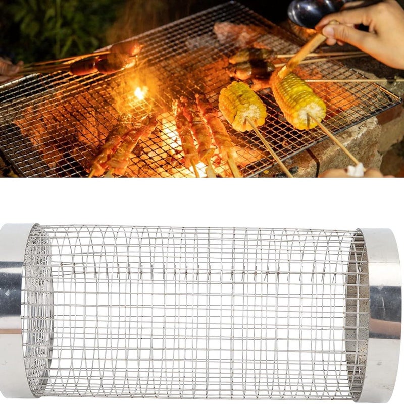 1 cylindryczny kosz do grillowania o średnicy 30 cm, wykonany z siatki nierdzewnej, 30 cm