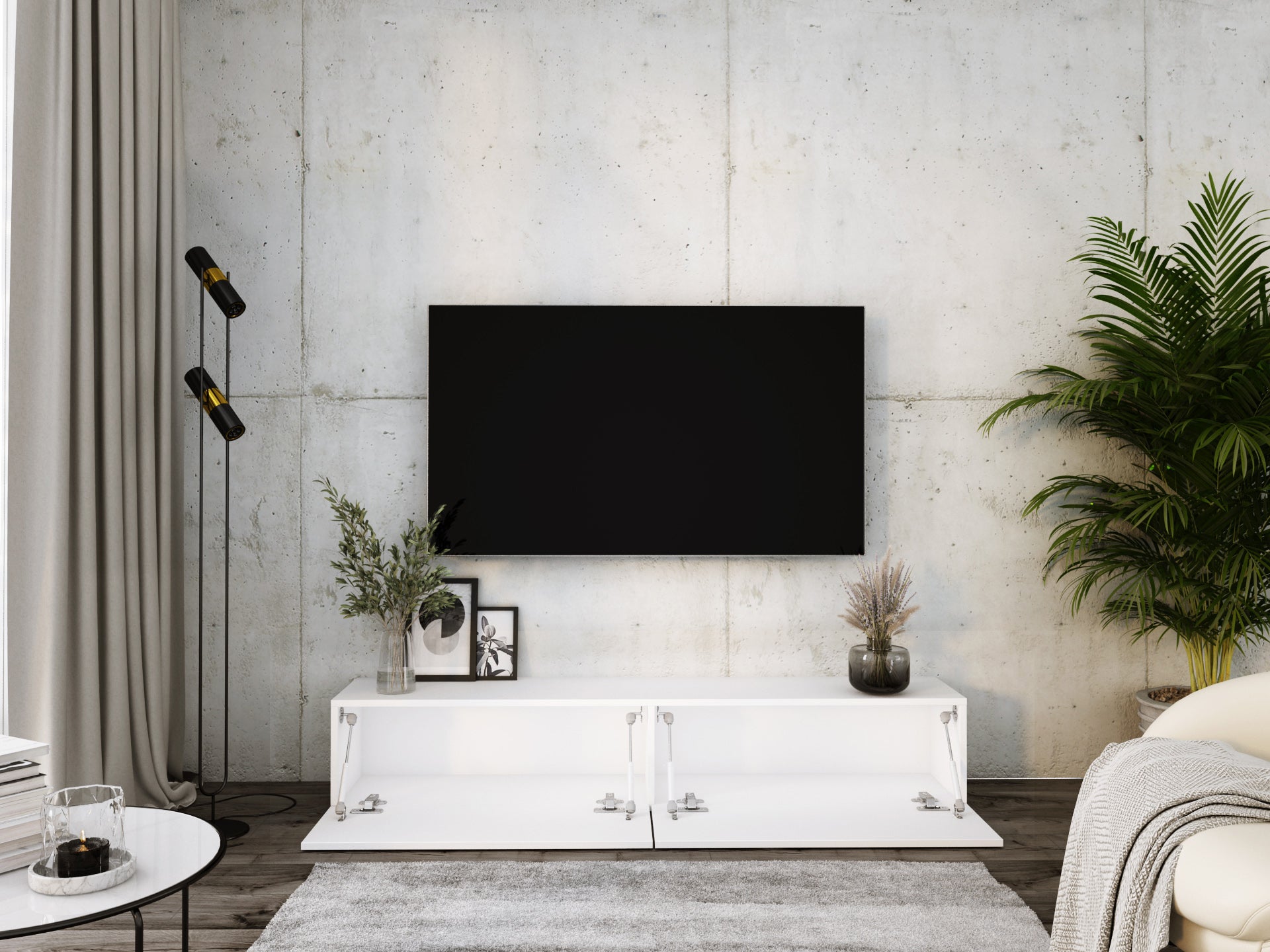 Meuble TV Suspendu, 170 x 34 x 32 cm, Blanc Mat / Blanc Brillant - 3