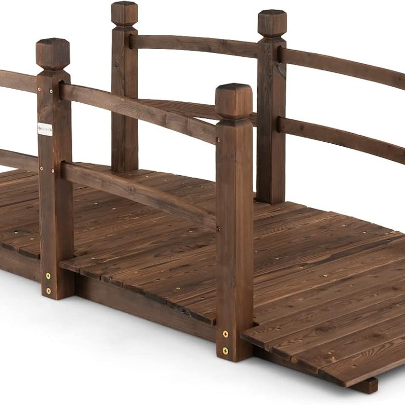 Most Ogrodowy z Drewna Jodłowego, z Balustradą i Wzmocnionym Dnem, Dekoracyjny Most w Kolorze Spalonego Drewna, Odporny na Warunki Atmosferyczne