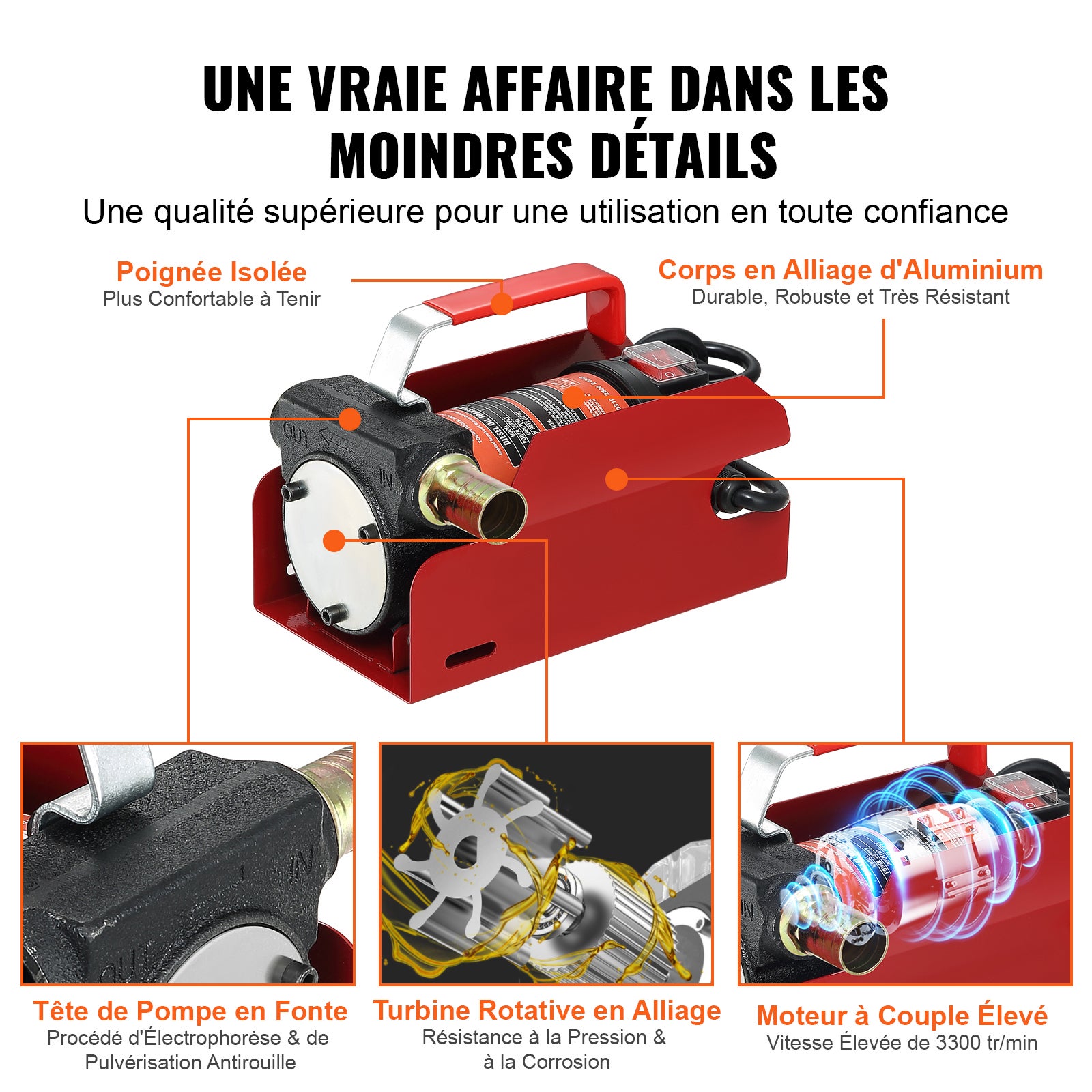 Pompe Transfert Diesel VEVOR 12V 37,8 L/min Pompe Carburant Électrique Buse Auto-Stop Tuyaux Aspiration & Rejet pour Gasoil Huile Kérosène - 6