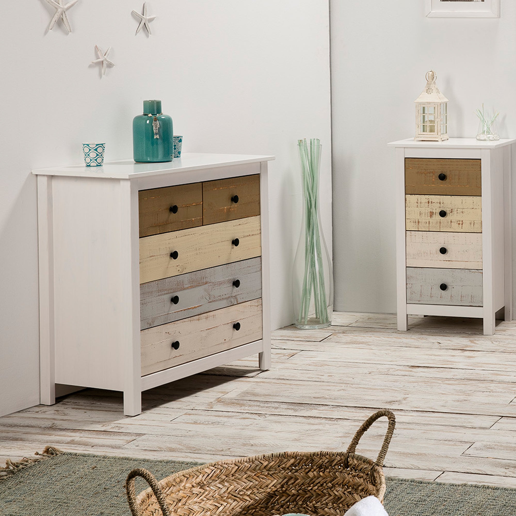 Commode 5 tiroirs Magda dans les tiroirs Blanc et Multicolores, 79 cm Longueur - 5