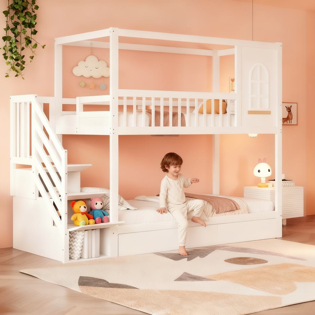 Lit Superposé Enfant 90x200 Cm En Bois Massif Avec Toit, échelle Et 3 Tiroirs - Gris/Blanc
