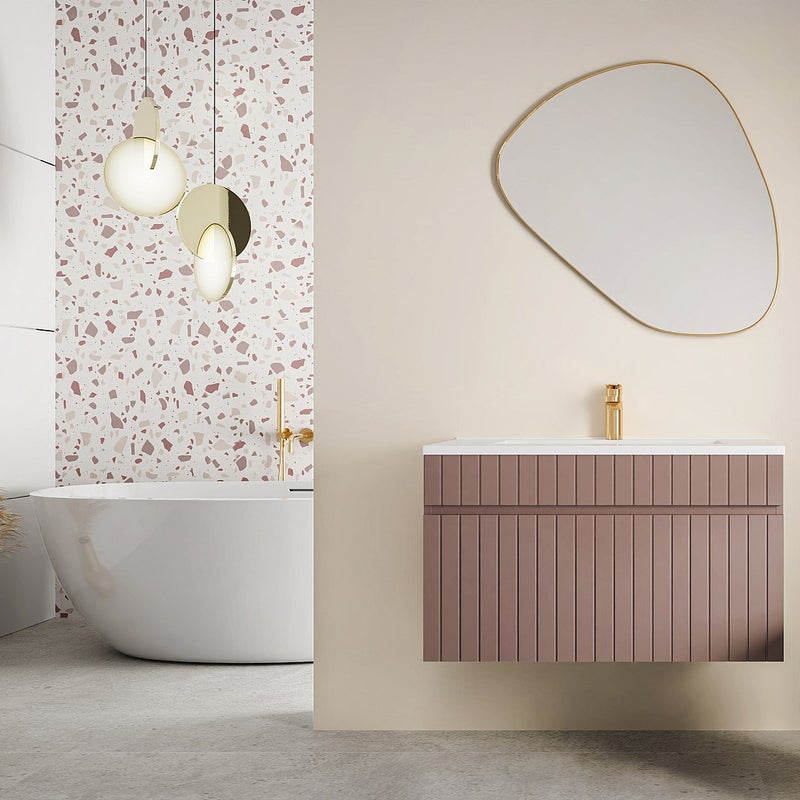 Szafka łazienkowa wisząca ryflowana różowa z umywalką wpuszczaną w blat - 80 cm - SATARA