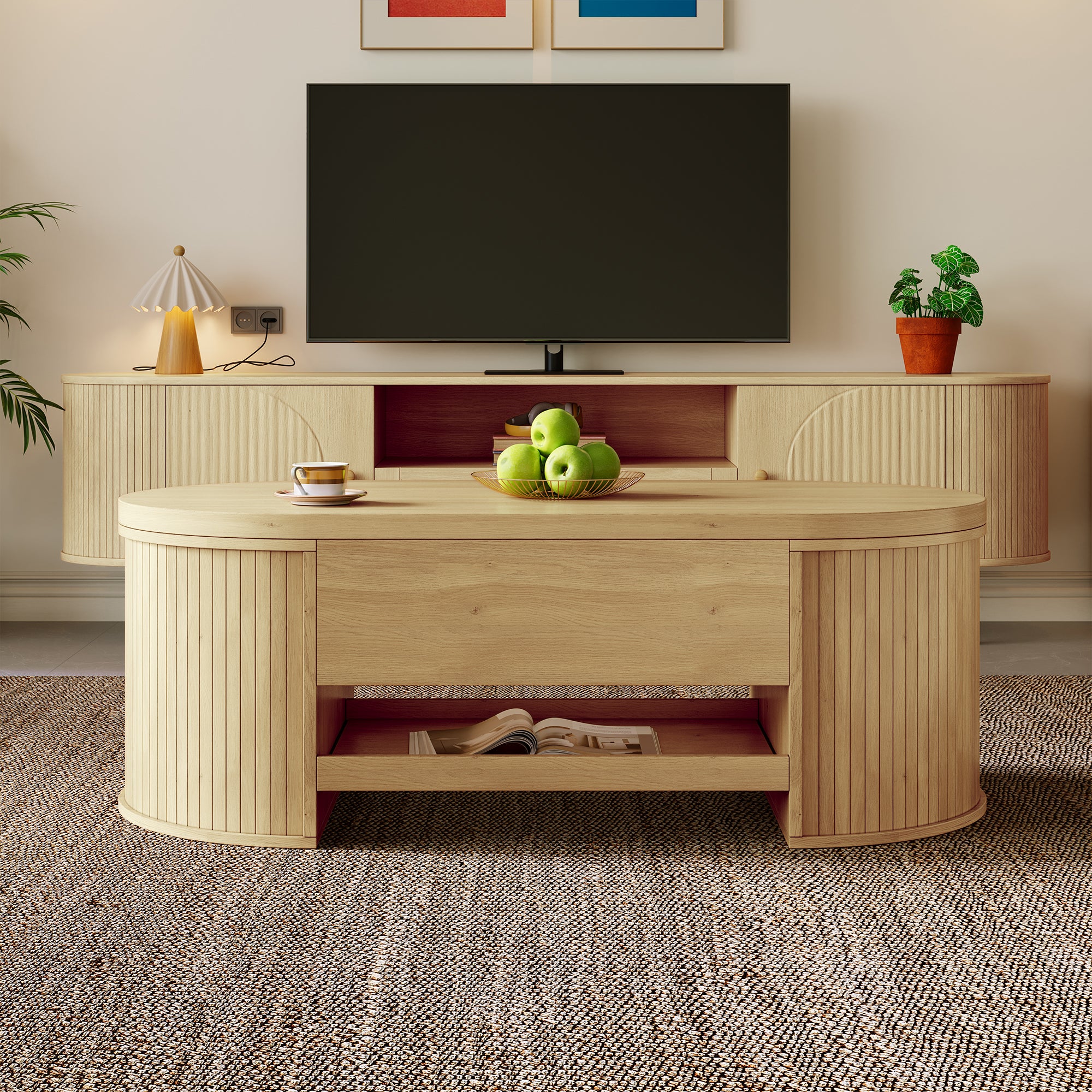 Table basse relevable 110x55.5x40 cm - côtés incurvés - 1 tiroir - MDF - naturel - 3