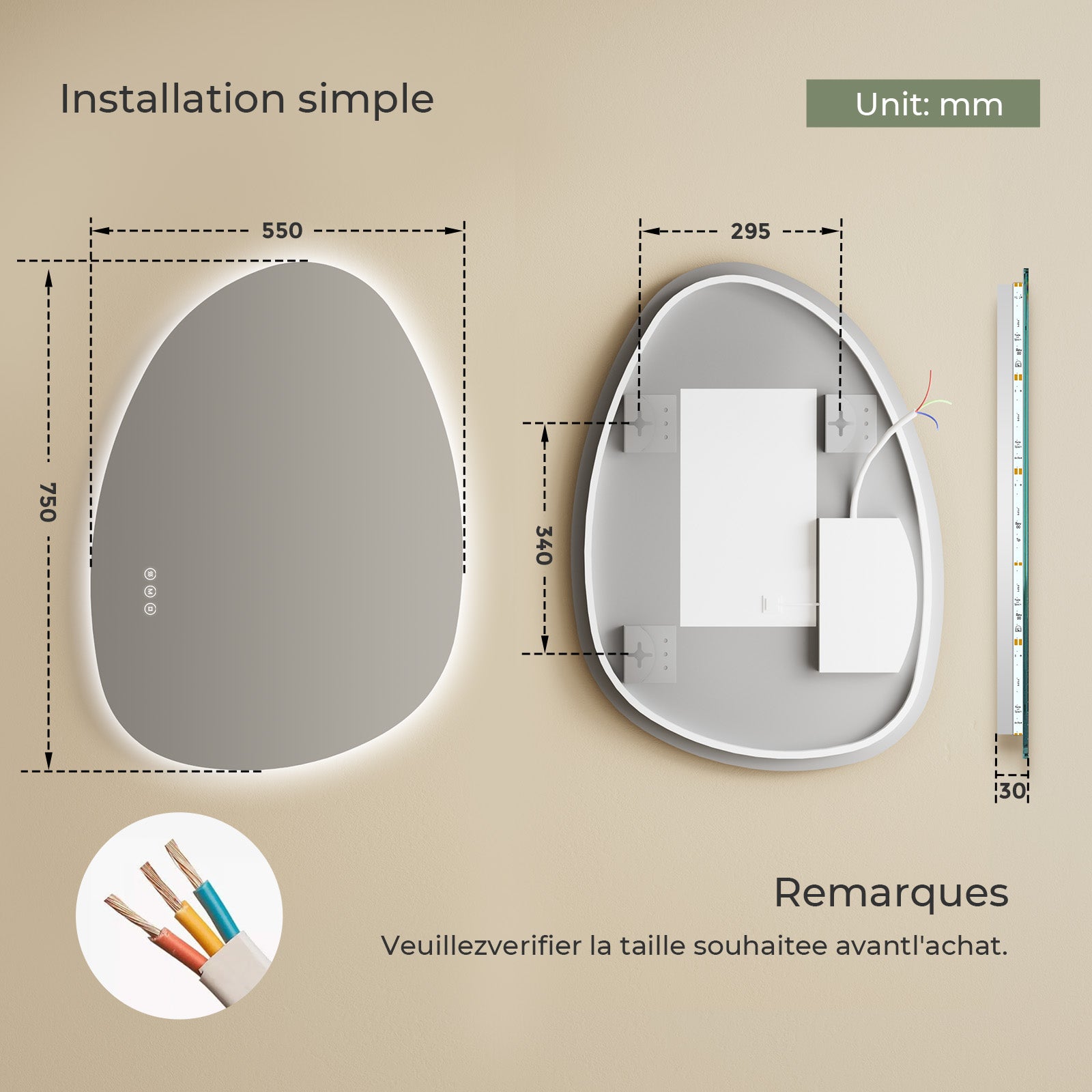 S'AFIELINA Espelho iluminado 75 × 55 cm Assimétrico 3 cores de luz e luminosidade regulável - 8