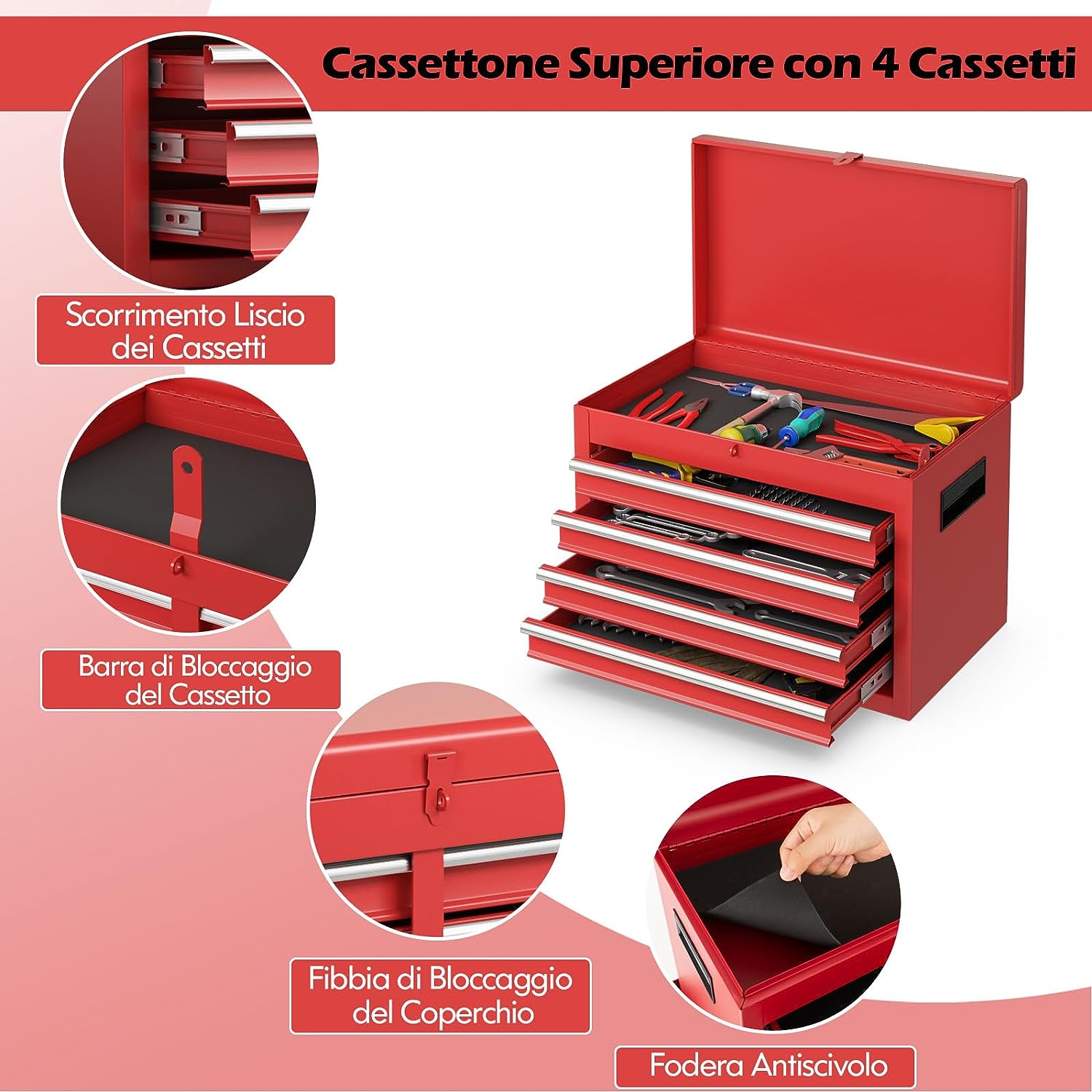 Servante d’Atelier à Outils 4 Tiroirs Compartiment Amovible Etagère Rouge - 6