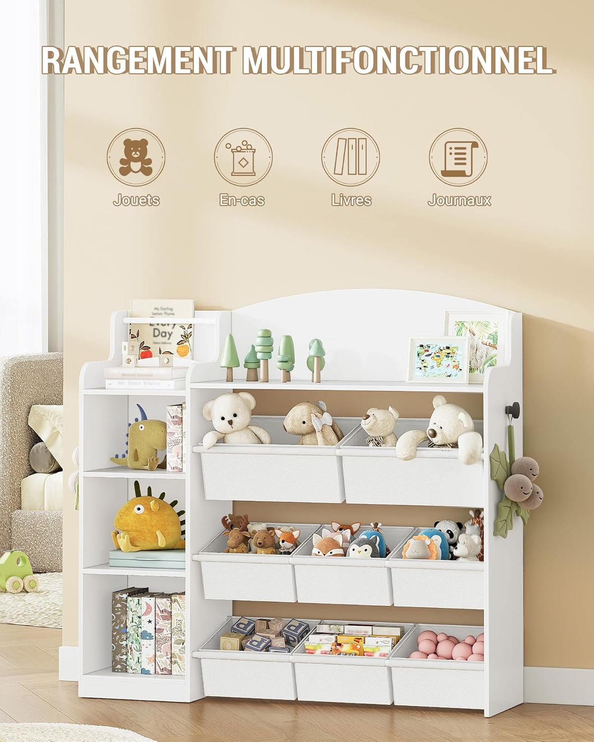 Estante infantil em madeira com 8 caixas em tecido não tecido para quarto de bebé e sala de estar, branca. - 3