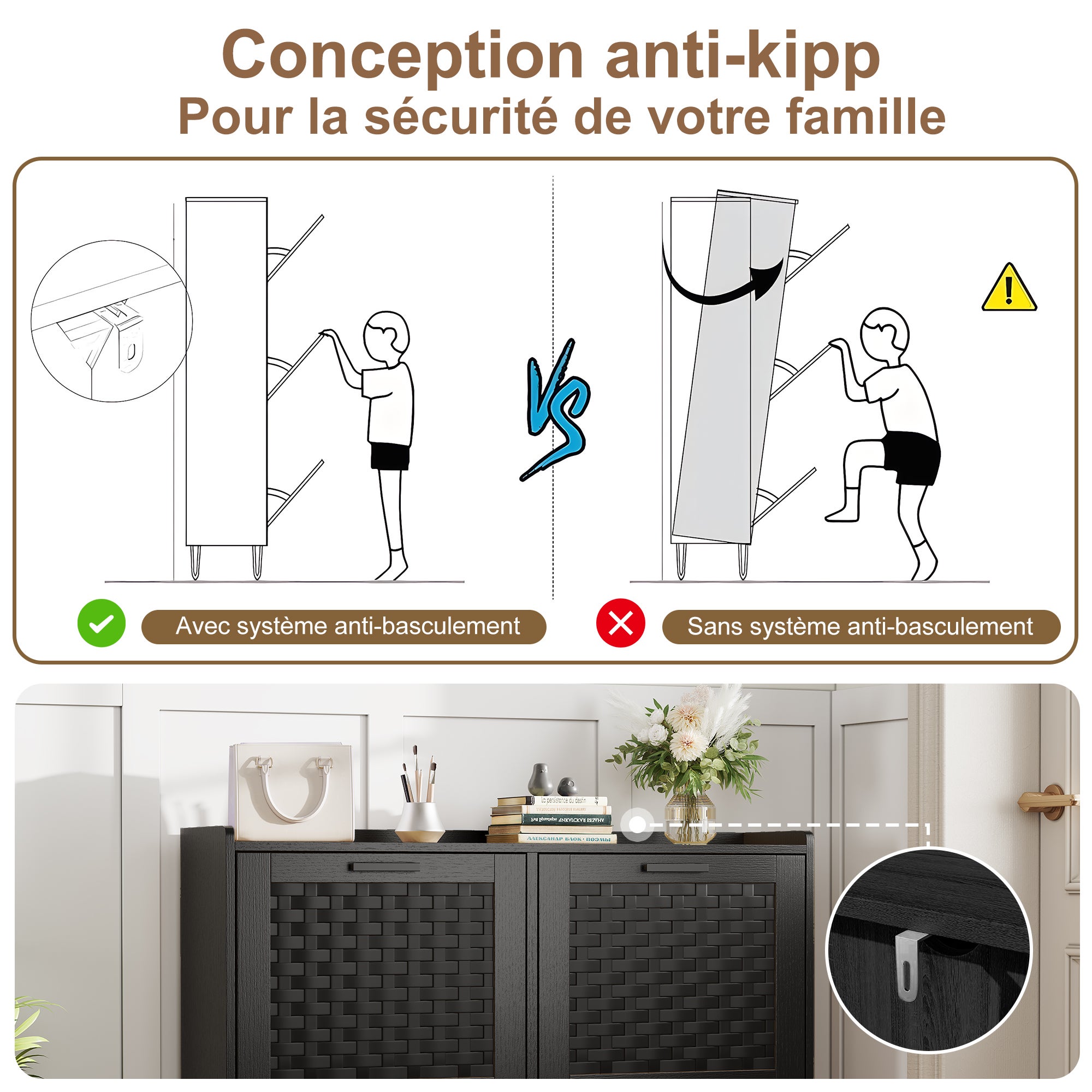 Meuble à Chaussures, Armoire à Chaussures Entree avec 4 Porte en Rotin, Meuble de Rangement à Chaussures Armoire pour Entrée, Couloir et Chambre, Nior - 8