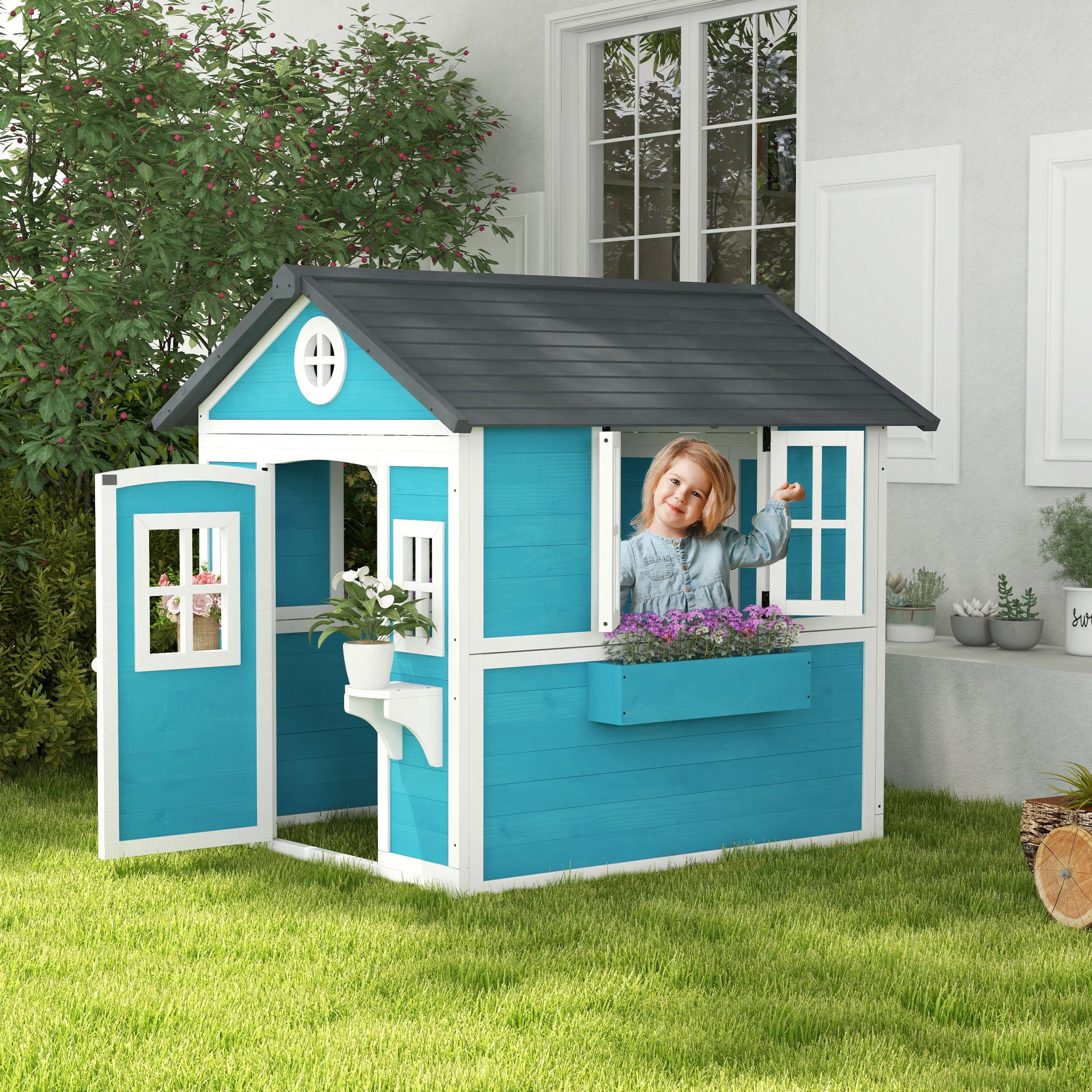 Cabane enfant extérieur maison enfant extérieure avec porte fenêtres et jardinières 114 x 126,4 x 135 cm bleu pour la maison - 3