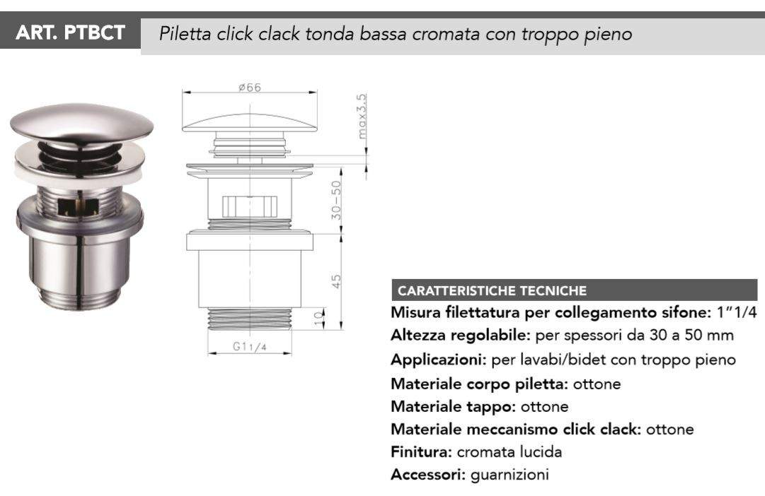 Vidage du modèle Click-Clack avec trop-plein Tecom PTBCT - Chromé - 2