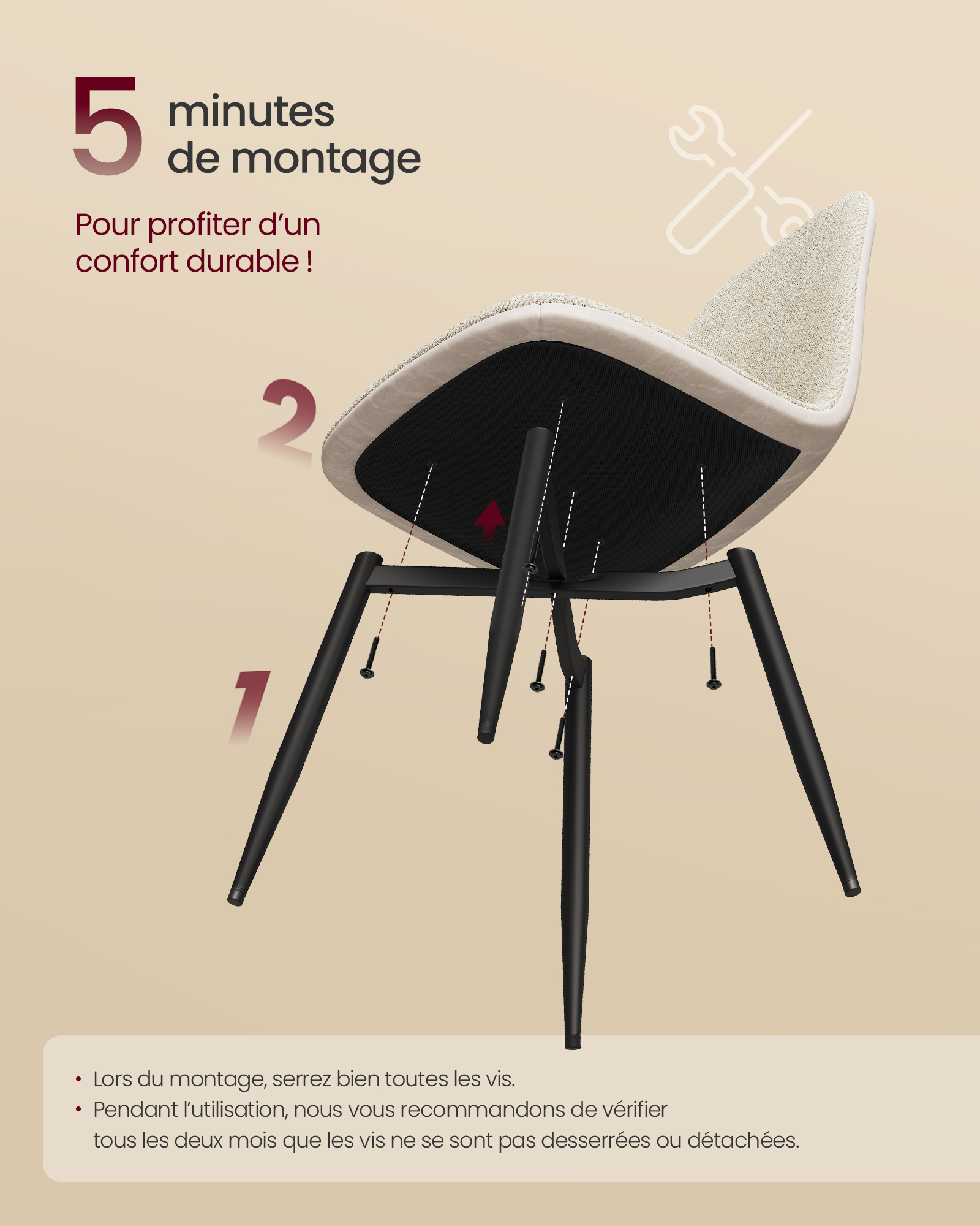 Chaises de Salle à Manger, Lot de 4, Support Métallique, Pieds Réglables, Nettoyage Facile, Tissu Chenille, PU Texturé Glacé, Blanc Crème - 7