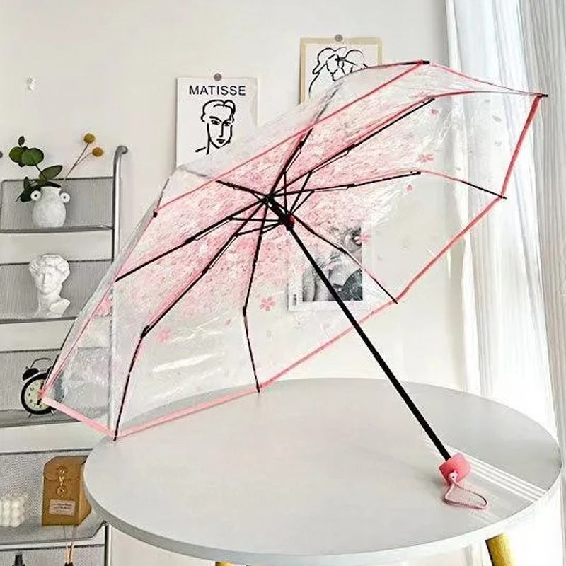 Różowy przezroczysty składany parasol, przenośny parasol podróżny, parasol składany na trzy części, parasol składany na zewnątrz