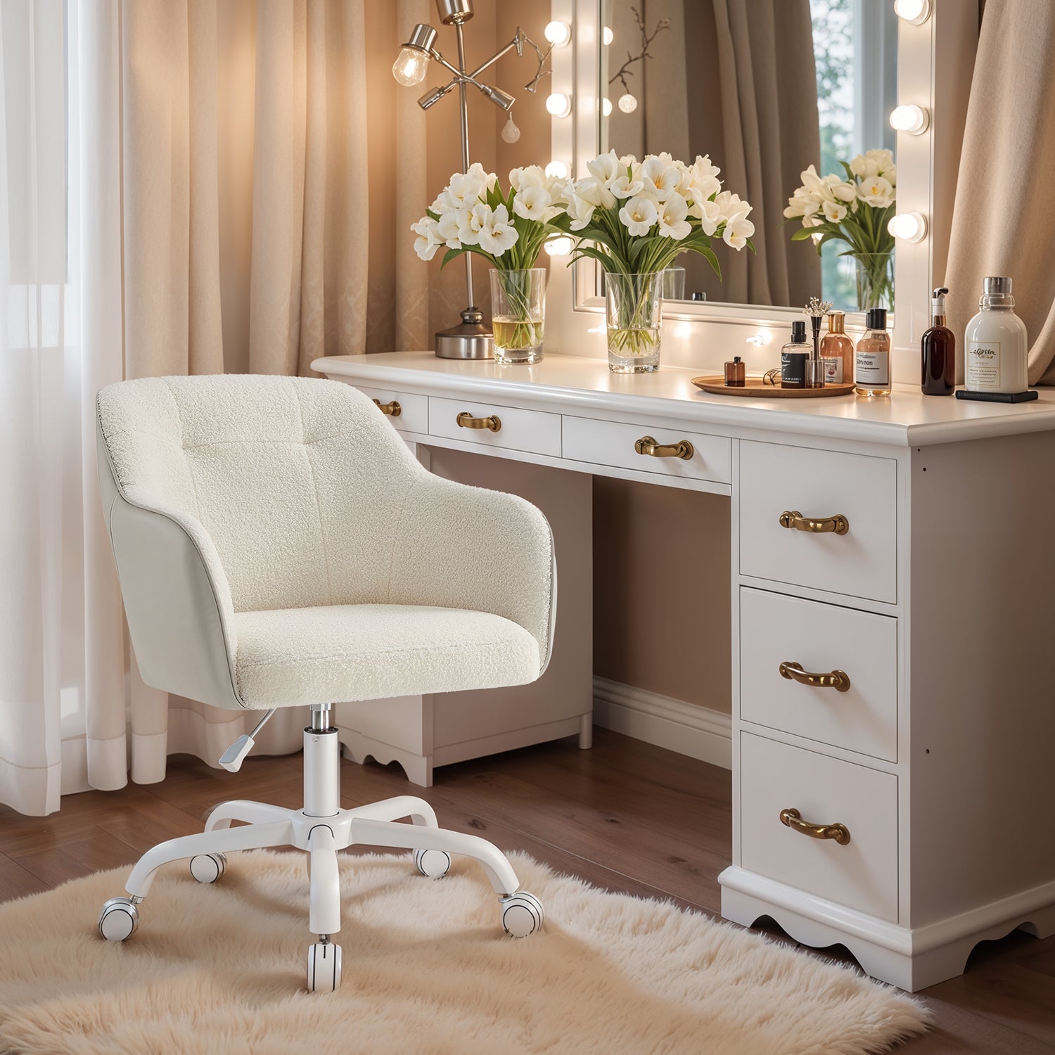 Chaise de Bureau, Fauteuil d'Appoint pour le Bureau à Domicile, en Tissu Coton-Lin, Hauteur Réglable, Beige - 2