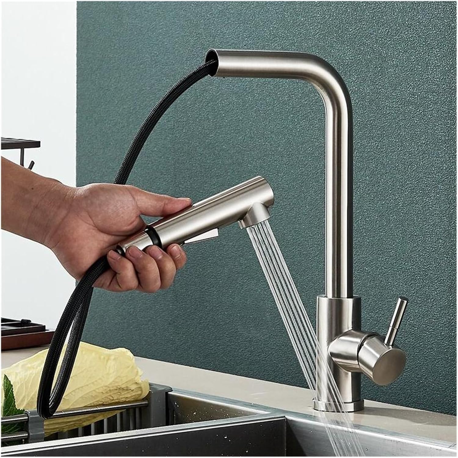 Rubinetto Da Cucina Con Doccetta Estraibile - Acciaio Inox 304, Getto Doppio, Girevole 360°, Tubo 50 Cm