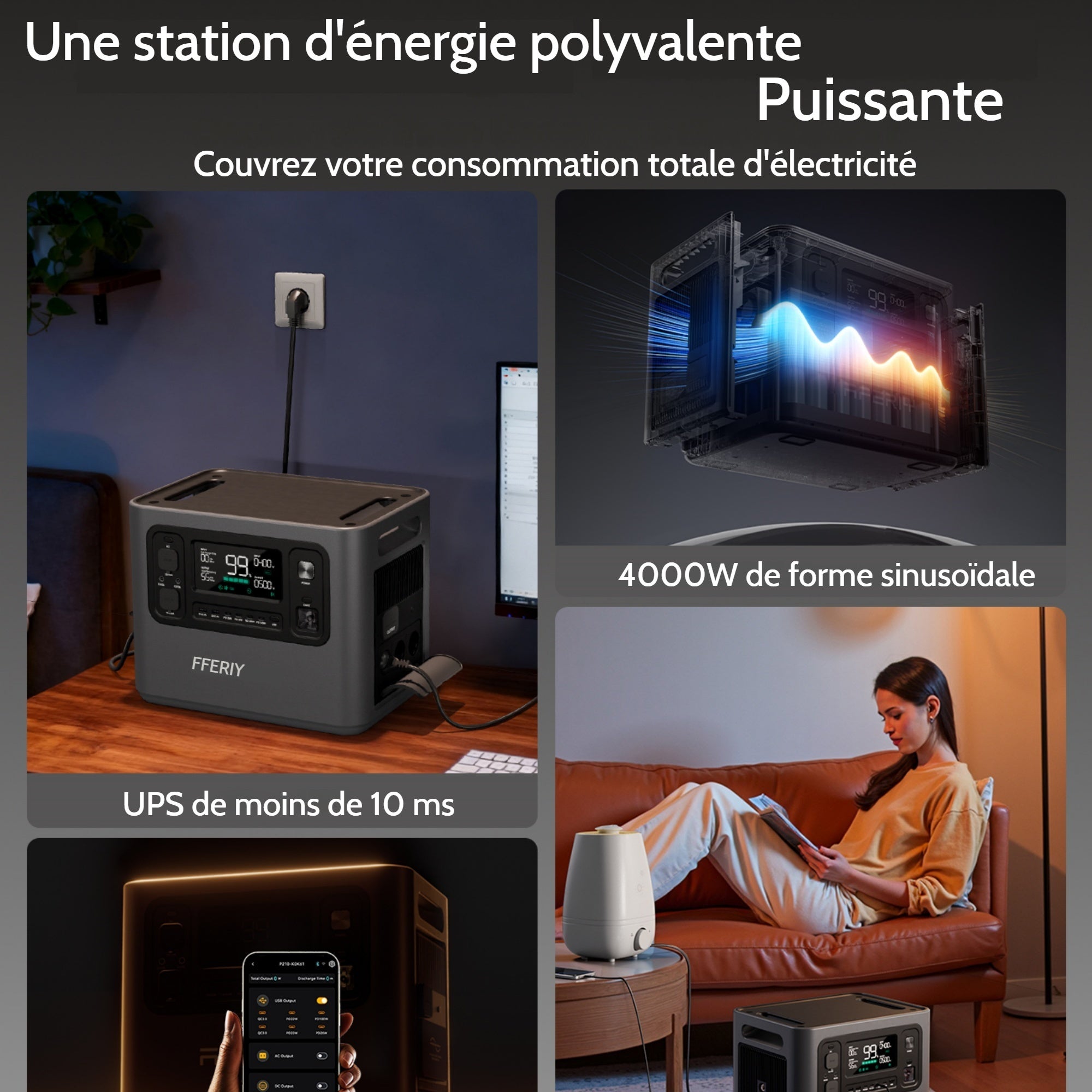 Station électrique portable 2800W 2048Wh extensible 10,24kWh batterie LiFePO4 recharge rapide 1,5h MPPT 1200W UPS App mobile noir - 6
