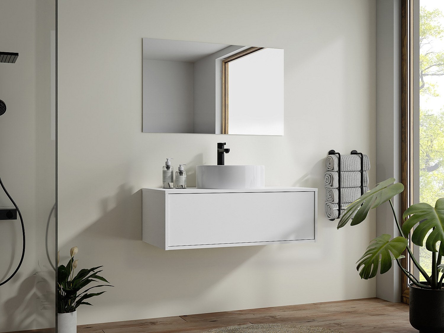 Szafka łazienkowa wisząca biała z okrągłą umywalką - 94 cm - TEANA II